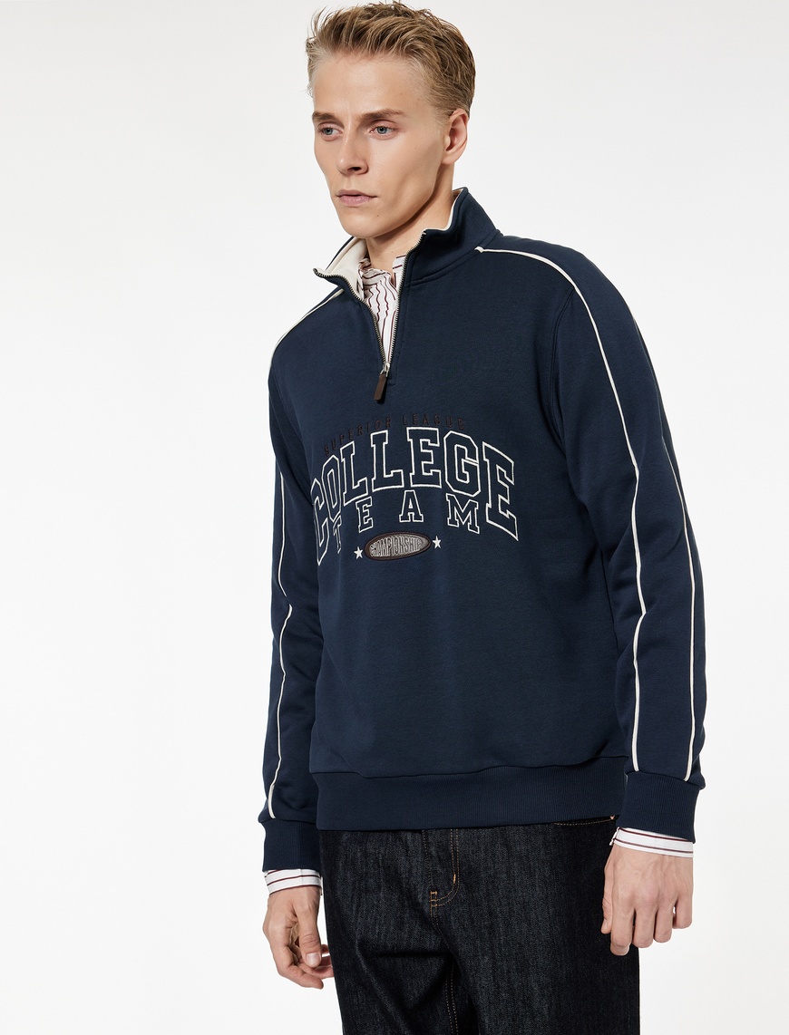   Uzun Kollu Kolej Nakışlı Renk Kontrastlı Şardonlu Yarım Fermuarlı Sweatshirt