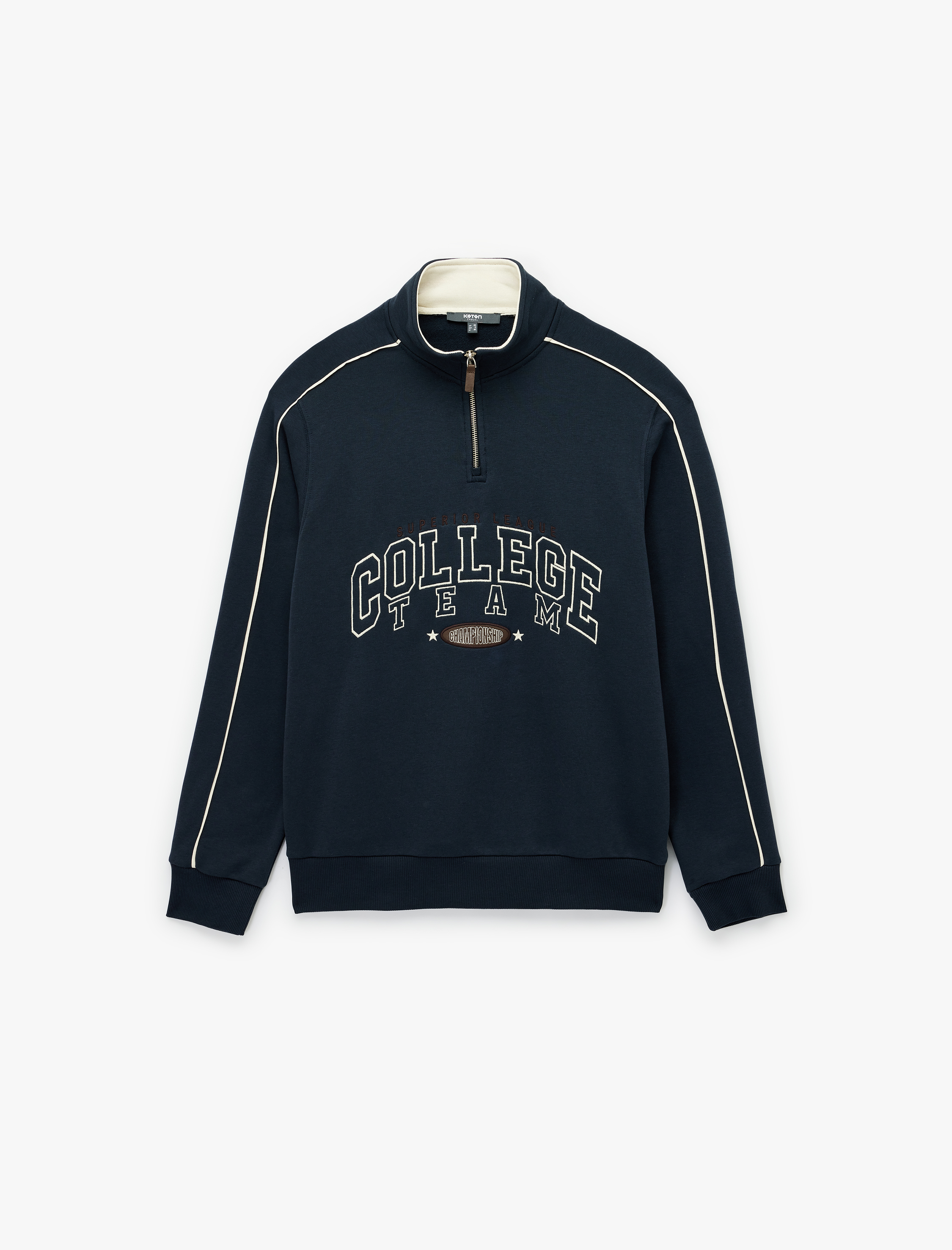   Uzun Kollu Kolej Nakışlı Renk Kontrastlı Şardonlu Yarım Fermuarlı Sweatshirt