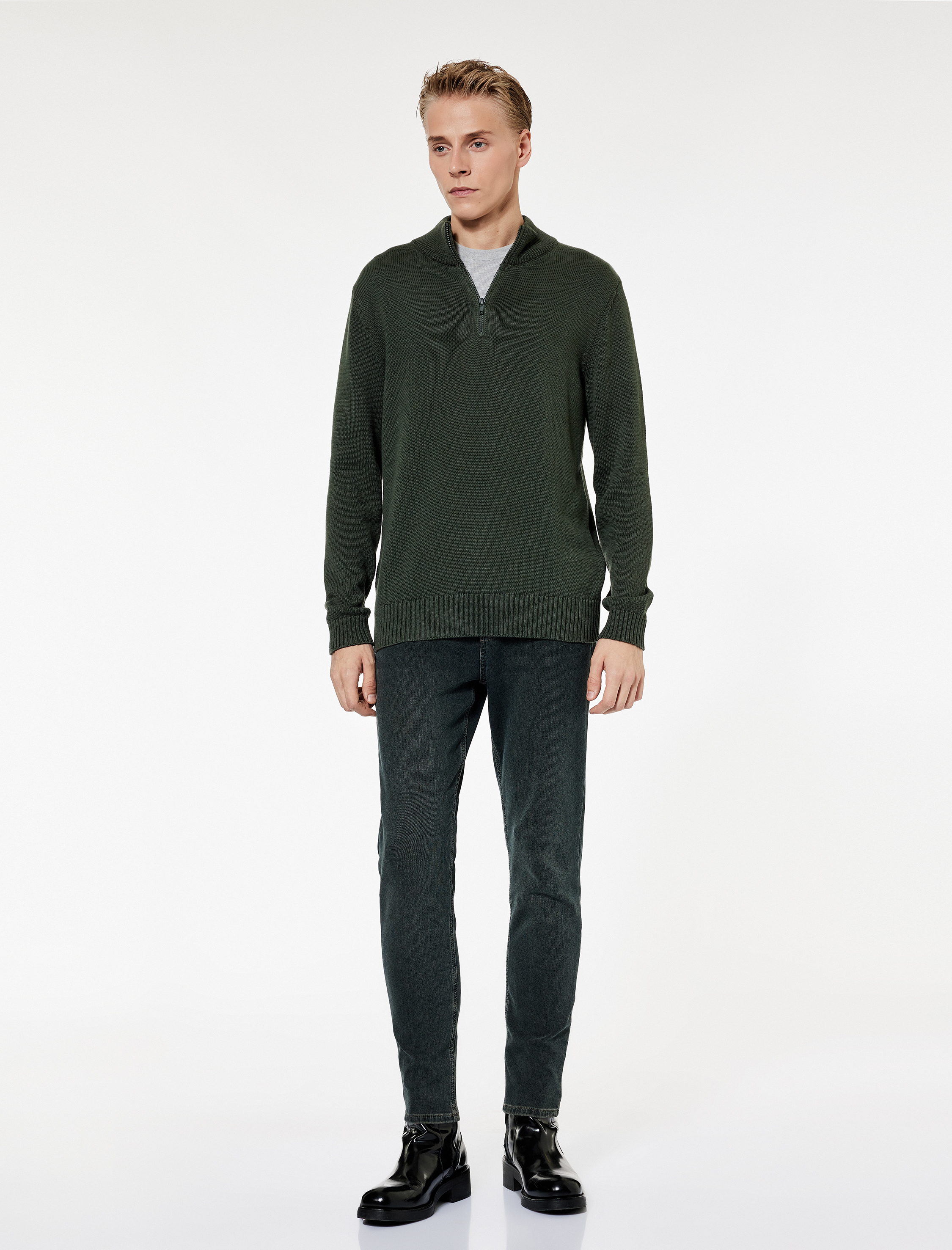   Pamuklu Uzun Kollu Yarım Fermuarlı Triko Kazak