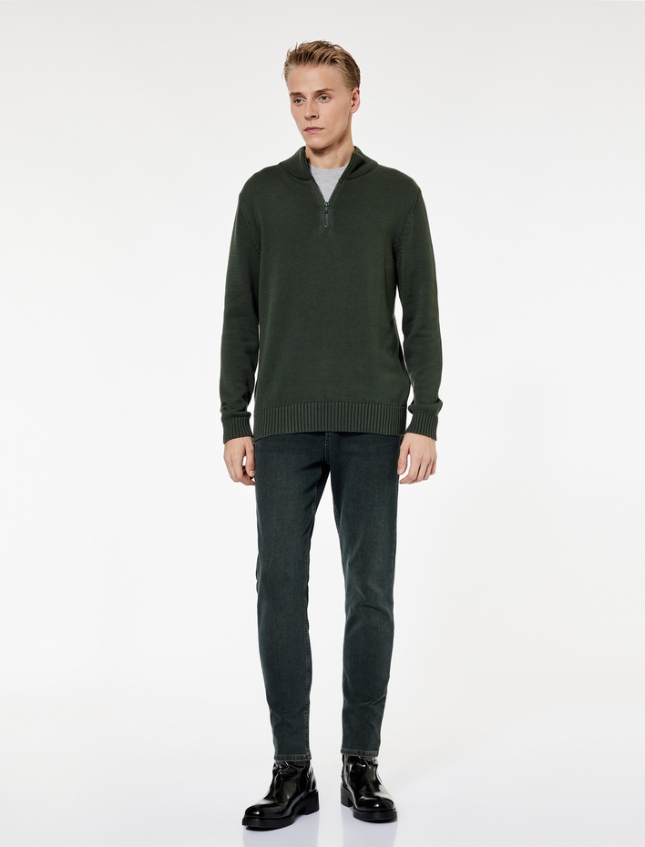  Pamuklu Uzun Kollu Yarım Fermuarlı Triko Kazak