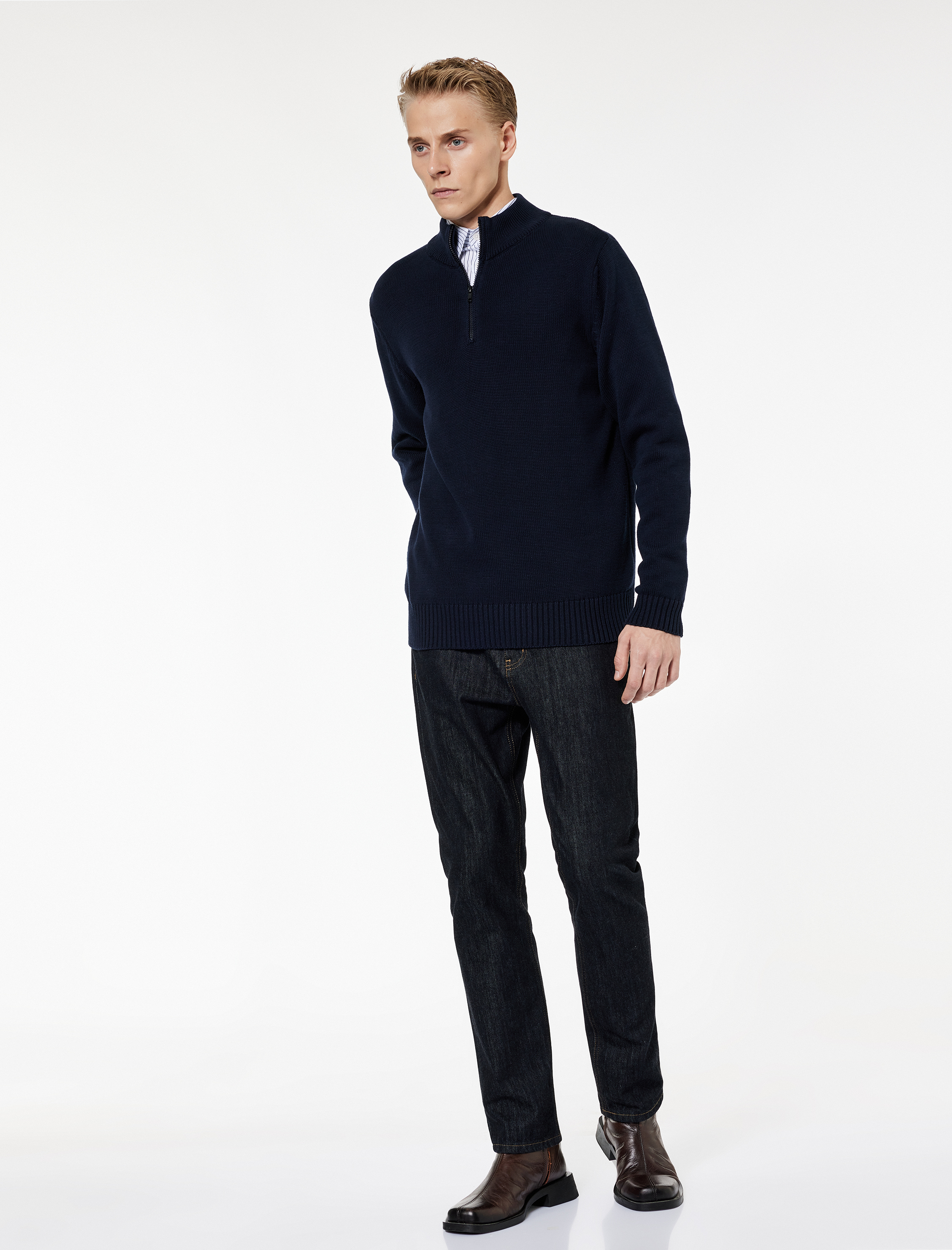   Pamuklu Uzun Kollu Yarım Fermuarlı Triko Kazak