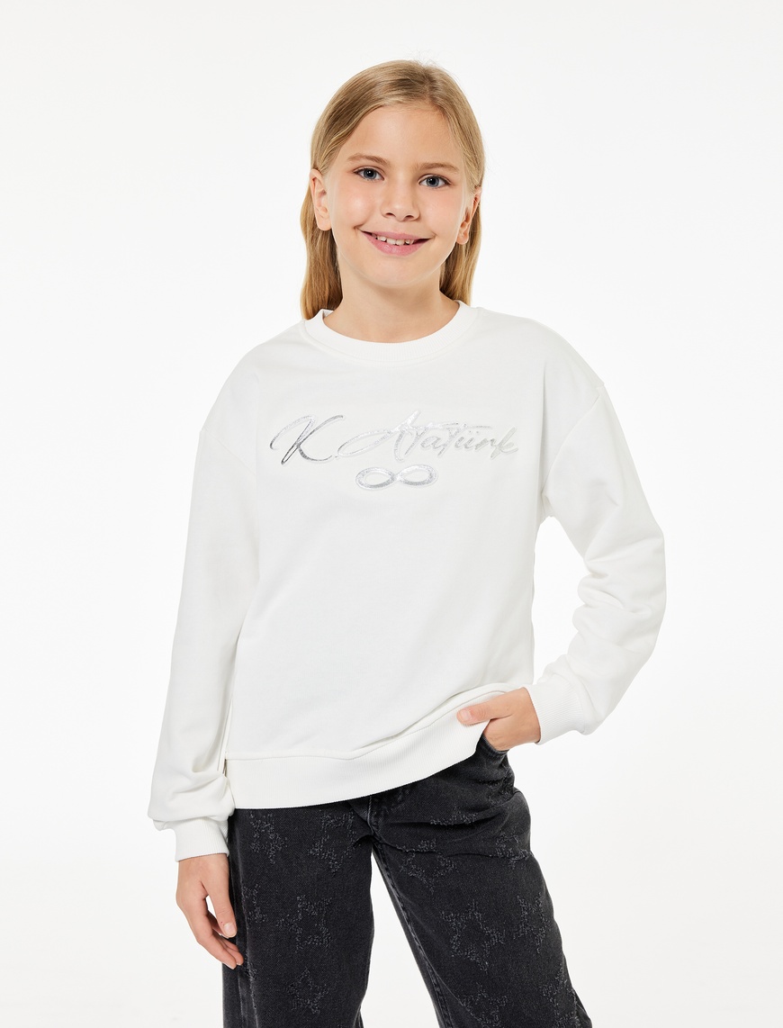  Kız Çocuk Atatürk Baskılı Uzun Kollu Bisiklet Yaka Şardonlu Sweatshirt
