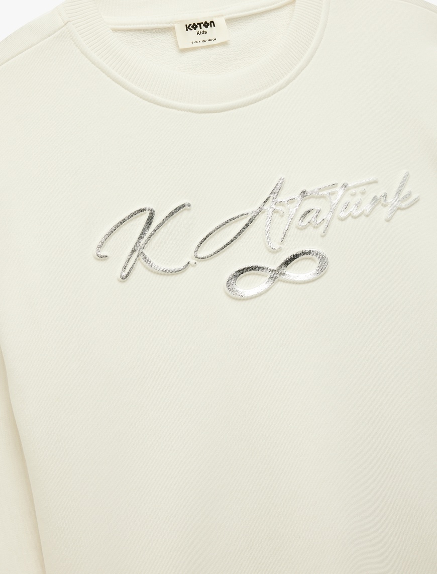  Kız Çocuk Atatürk Baskılı Uzun Kollu Bisiklet Yaka Şardonlu Sweatshirt
