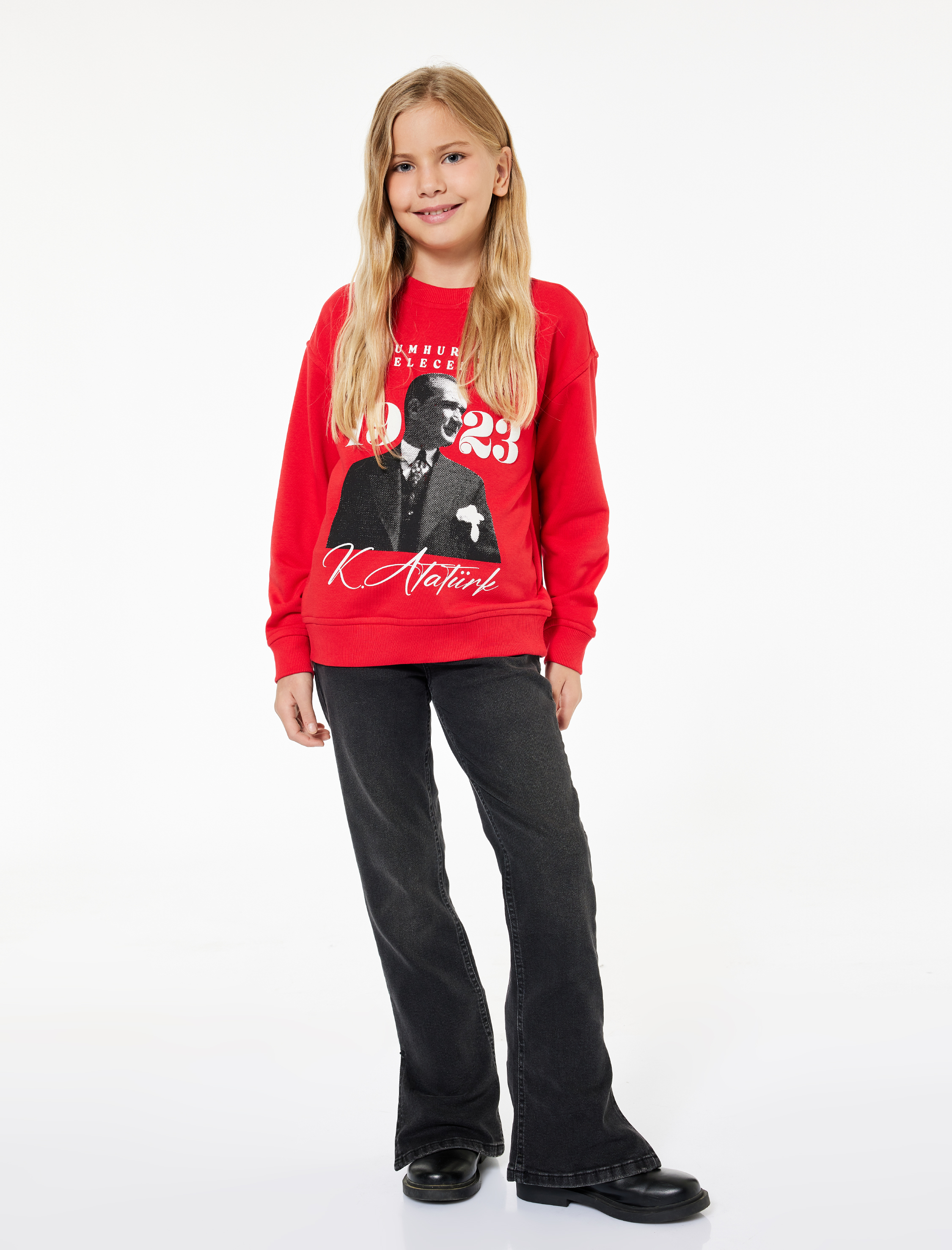  Kız Çocuk Atatürk Baskılı Uzun Kollu Bisiklet Yaka Sweatshirt