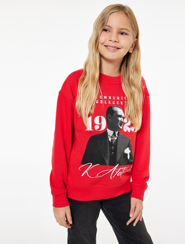 Kız Çocuk Atatürk Baskılı Uzun Kollu Bisiklet Yaka Sweatshirt