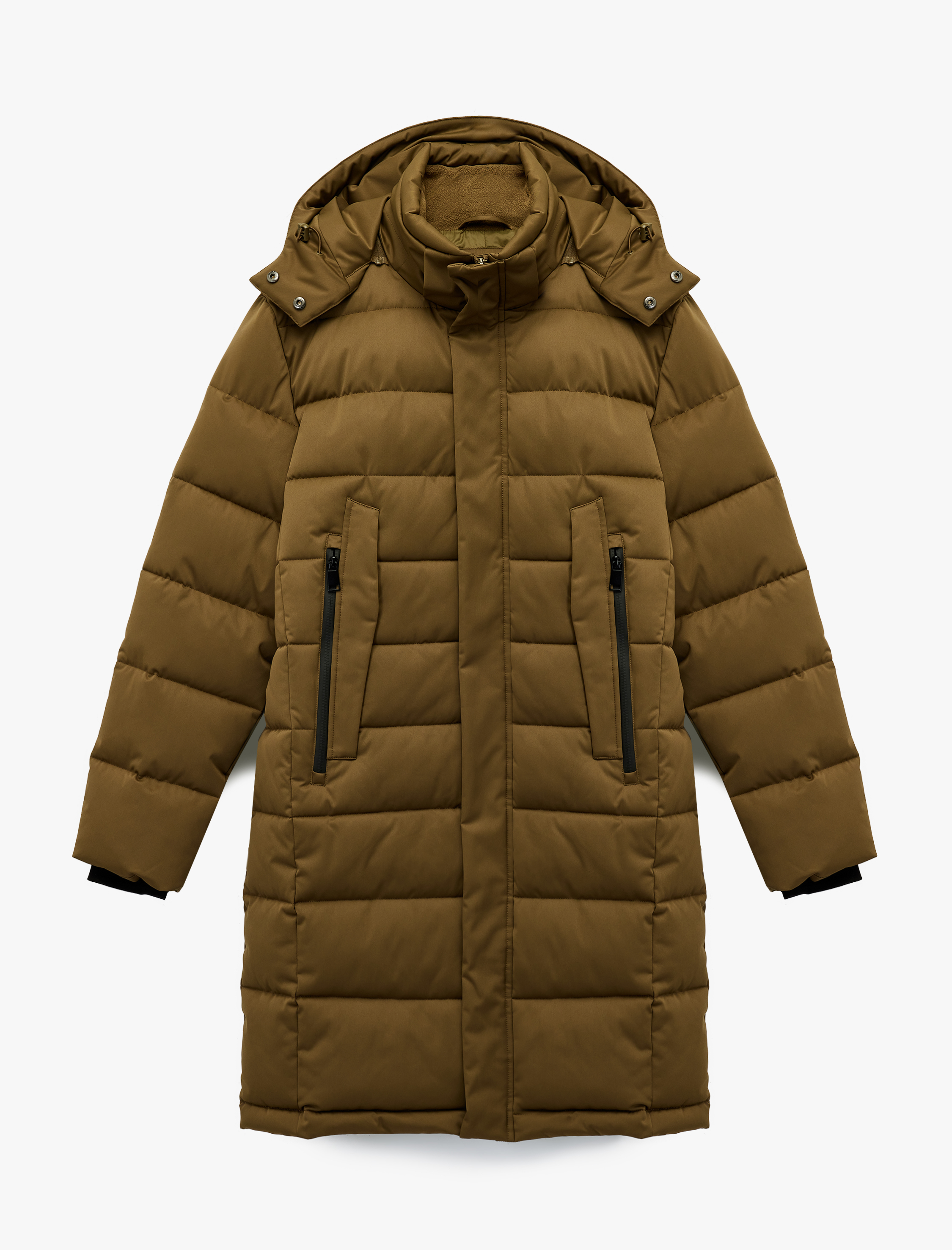   Uzun Kollu Cepli Kapşonlu Uzun Şişme Mont