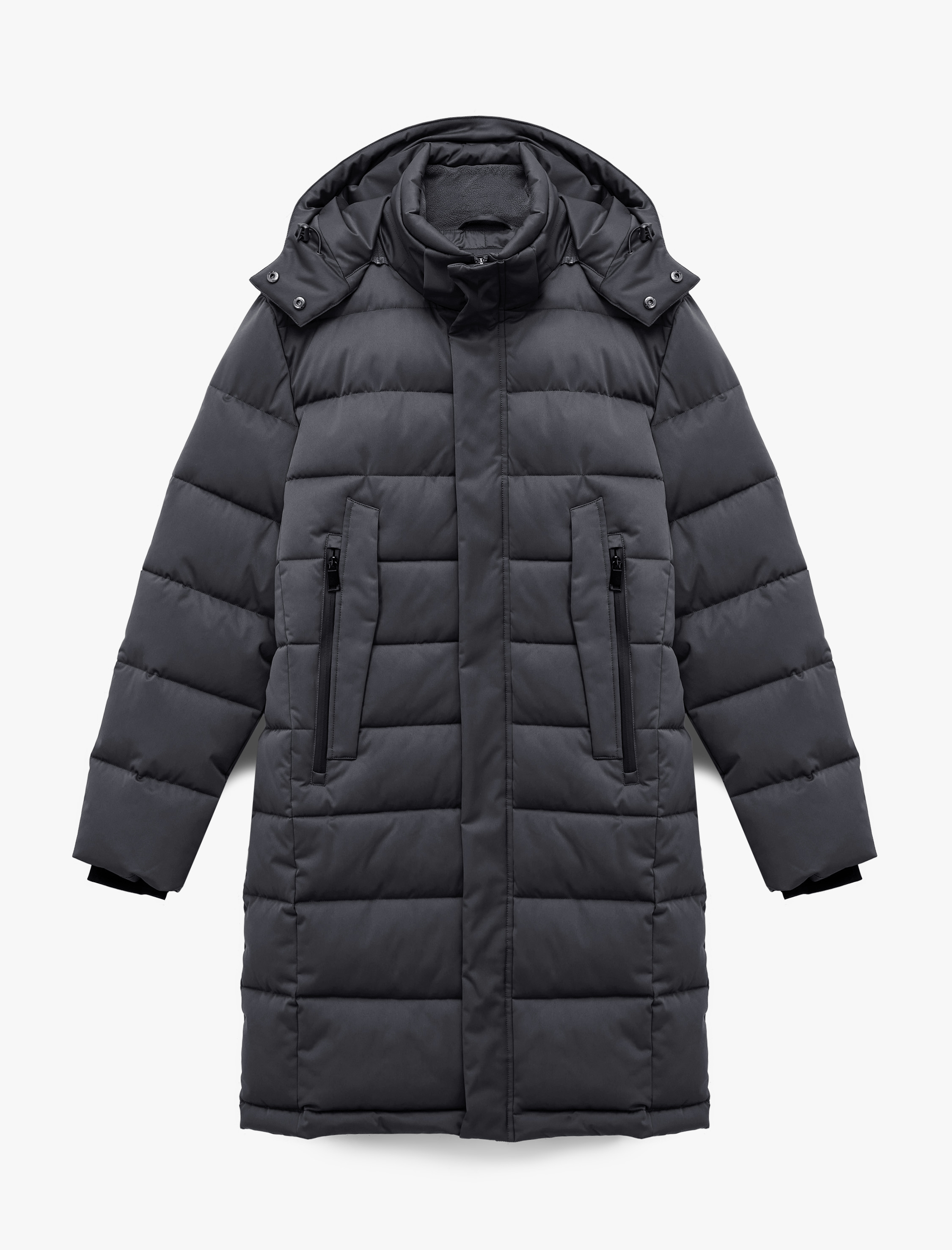   Uzun Kollu Cepli Kapşonlu Uzun Şişme Mont