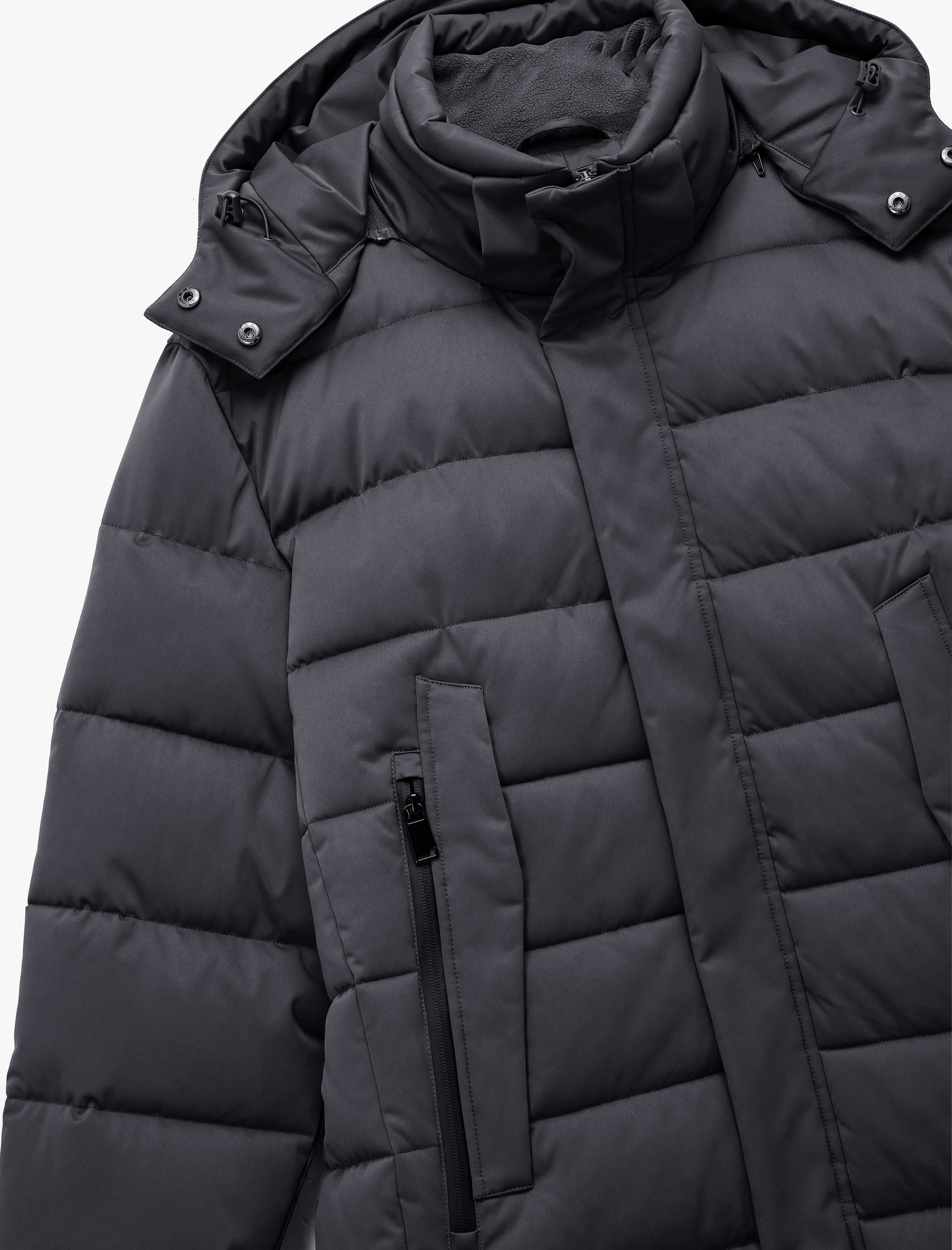   Uzun Kollu Cepli Kapşonlu Uzun Şişme Mont