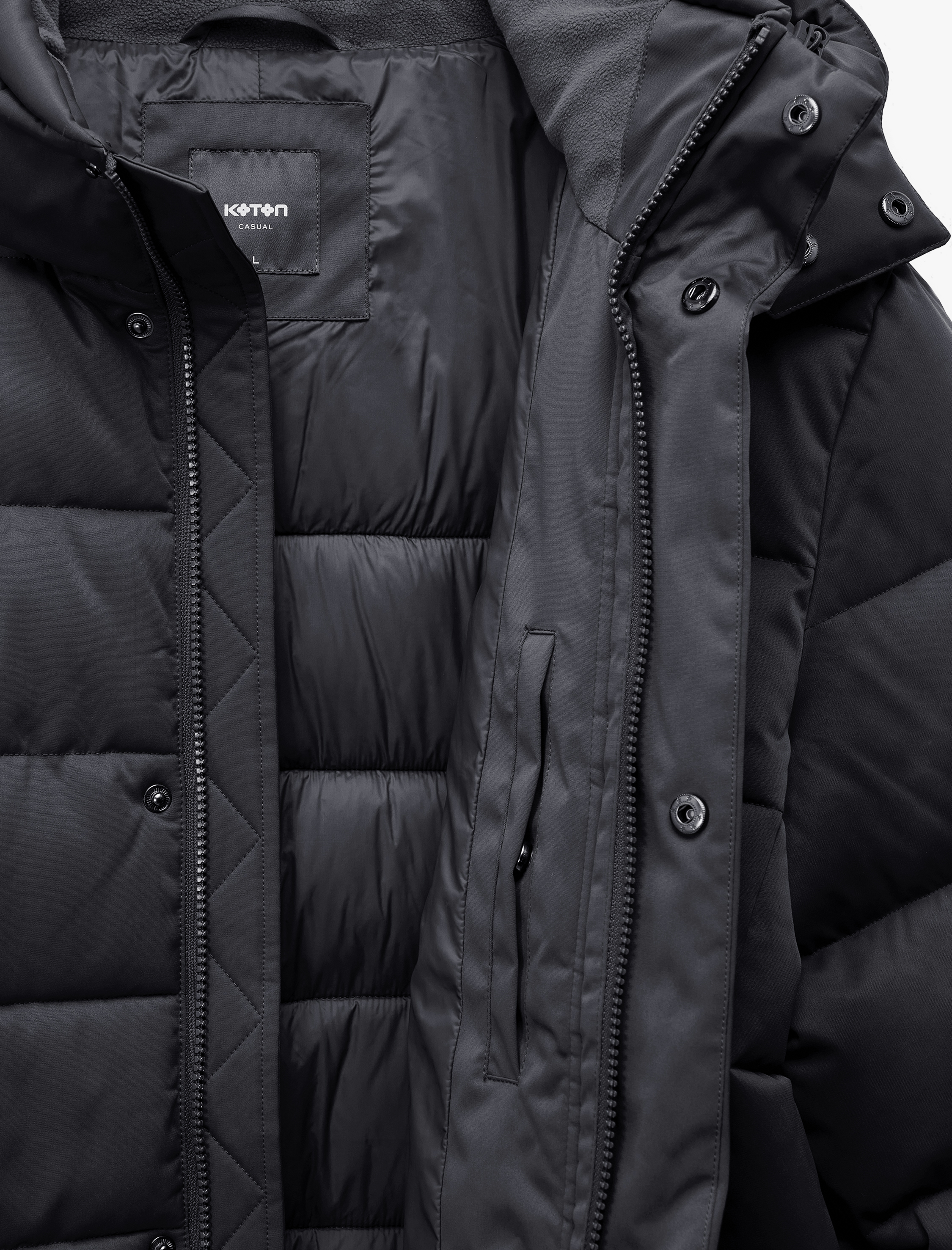   Uzun Kollu Cepli Kapşonlu Uzun Şişme Mont