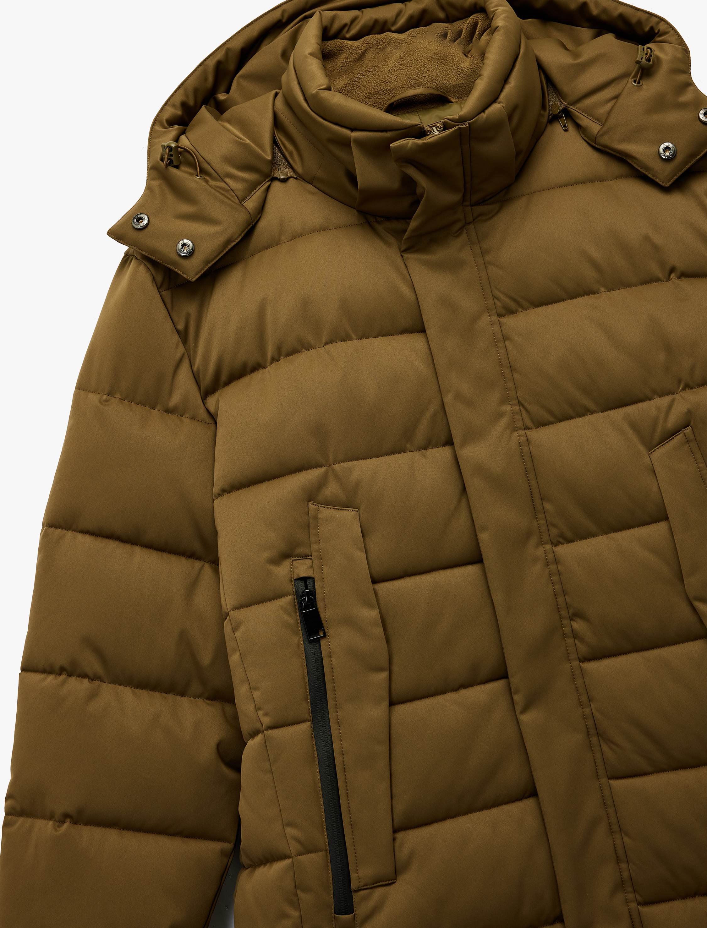   Uzun Kollu Cepli Kapşonlu Uzun Şişme Mont