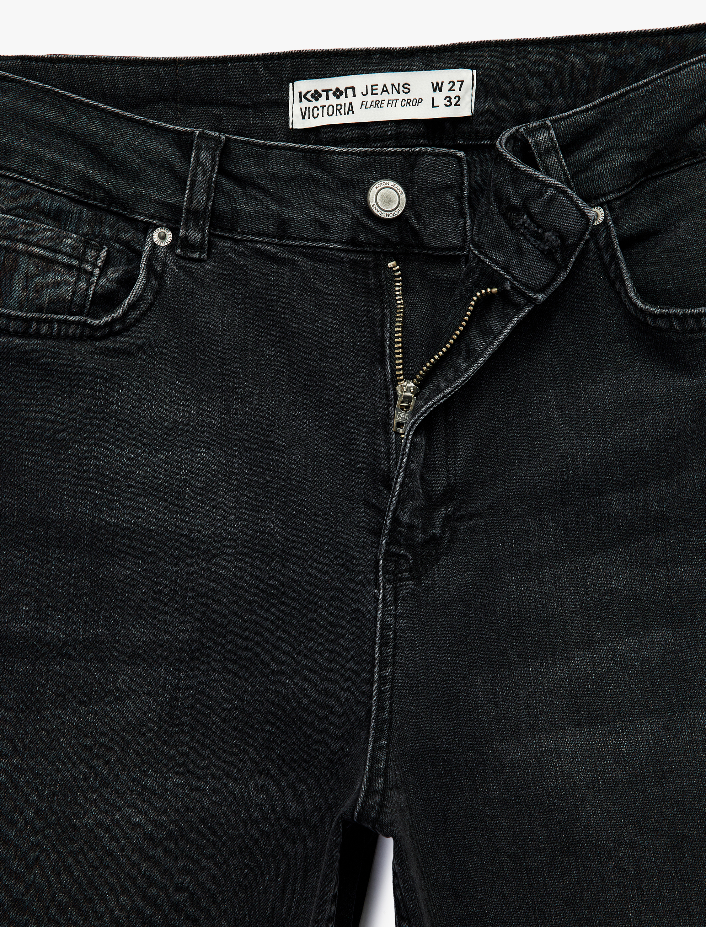   Yüksek Bel Dar Kalıp Düğmeli Cepli İspanyol Paça Crop Jean Pantolon - Flare Jeans