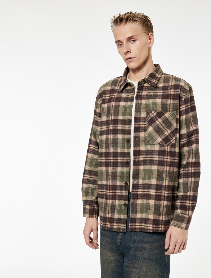  Regular Fit Uzun Kollu Cep Detaylı Klasik Yaka Oduncu Gömleği