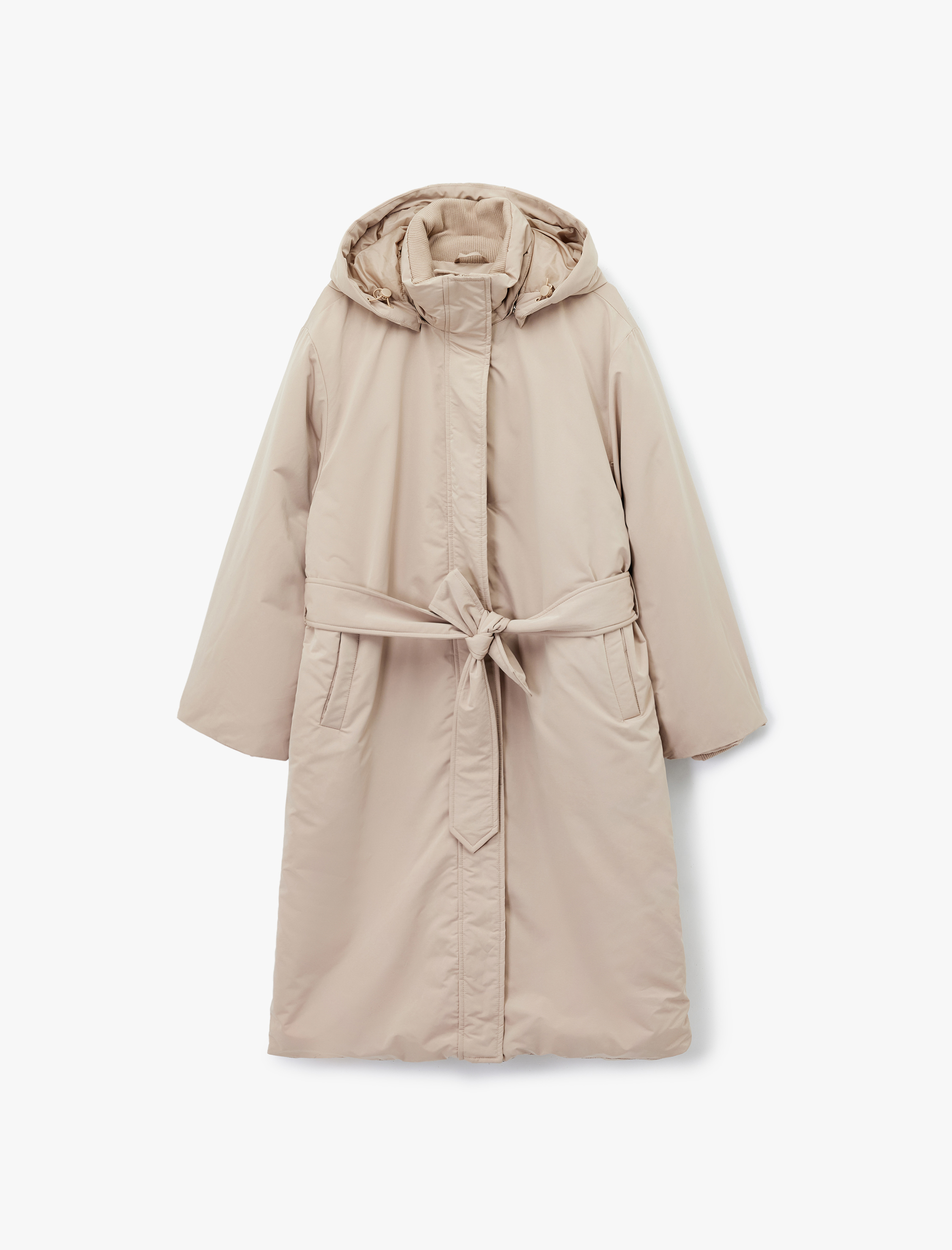   Uzun Kollu Cepli Kemerli Su İtici Kapüşonlu Uzun Anorak Mont