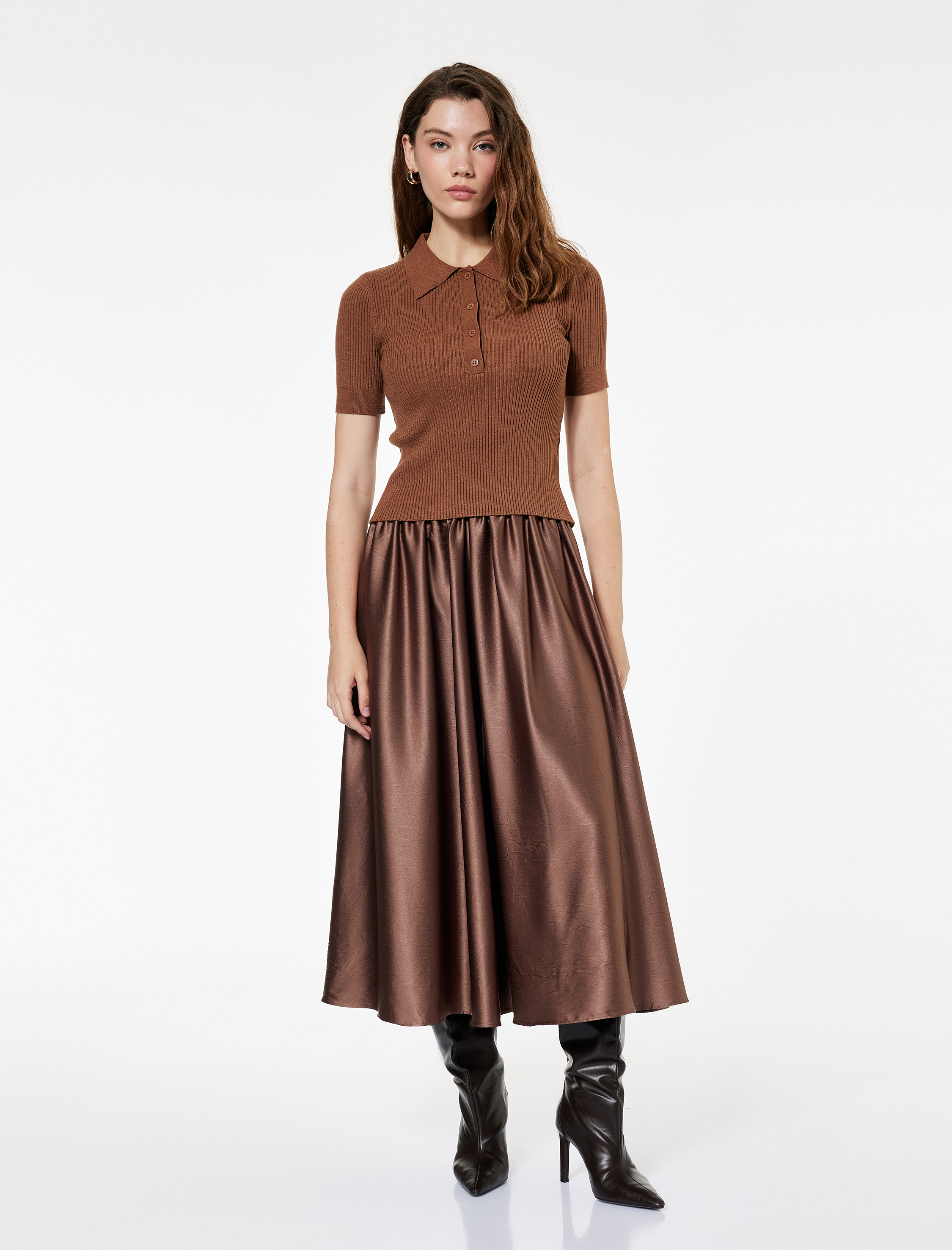   Bol Kalıp Beli Lastikli Midi Kloş Saten Etek