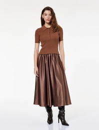 Bol Kalıp Beli Lastikli Midi Kloş Saten Etek