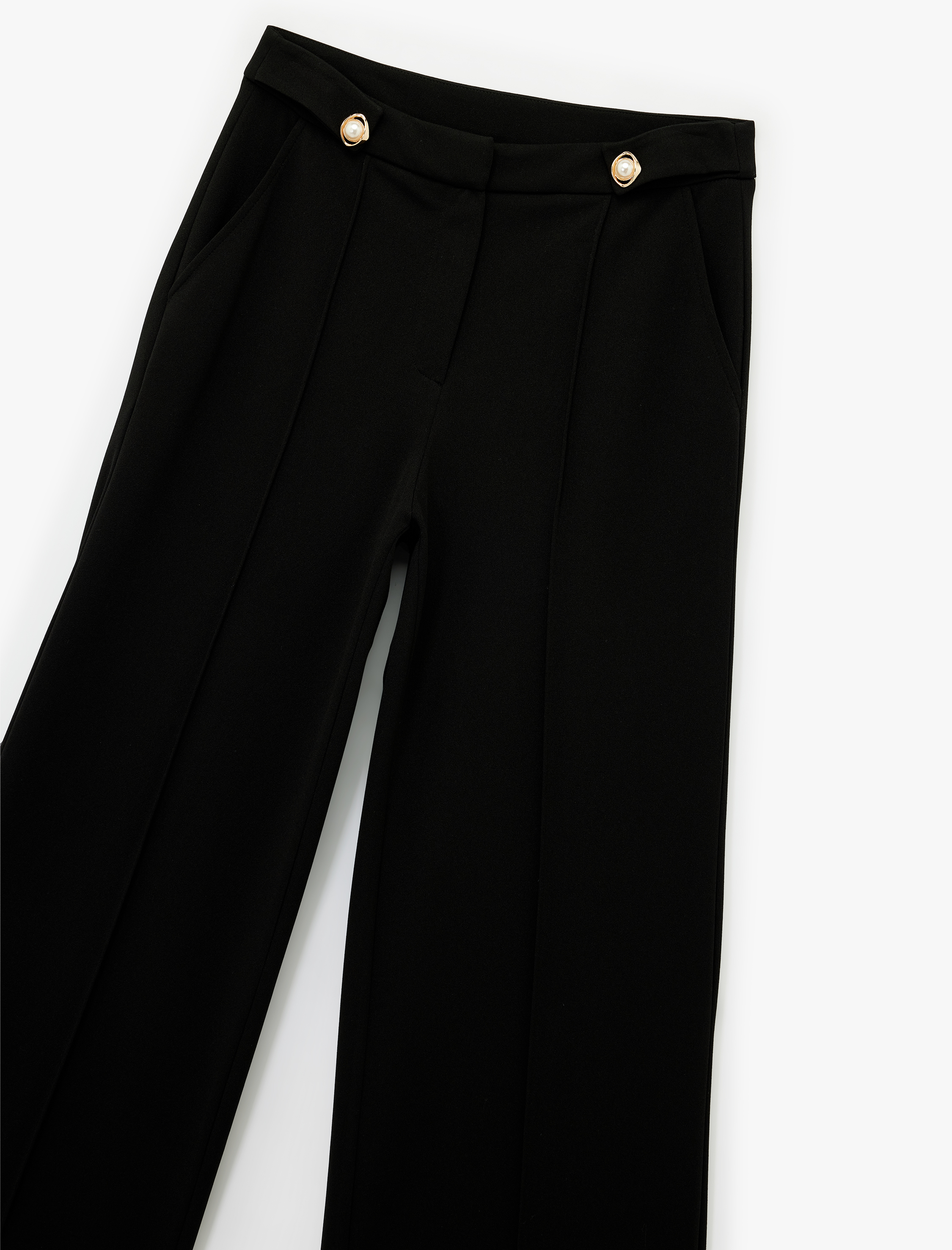   Düğme Detaylı Cepli Düz Bol Paça Kumaş Pantolon