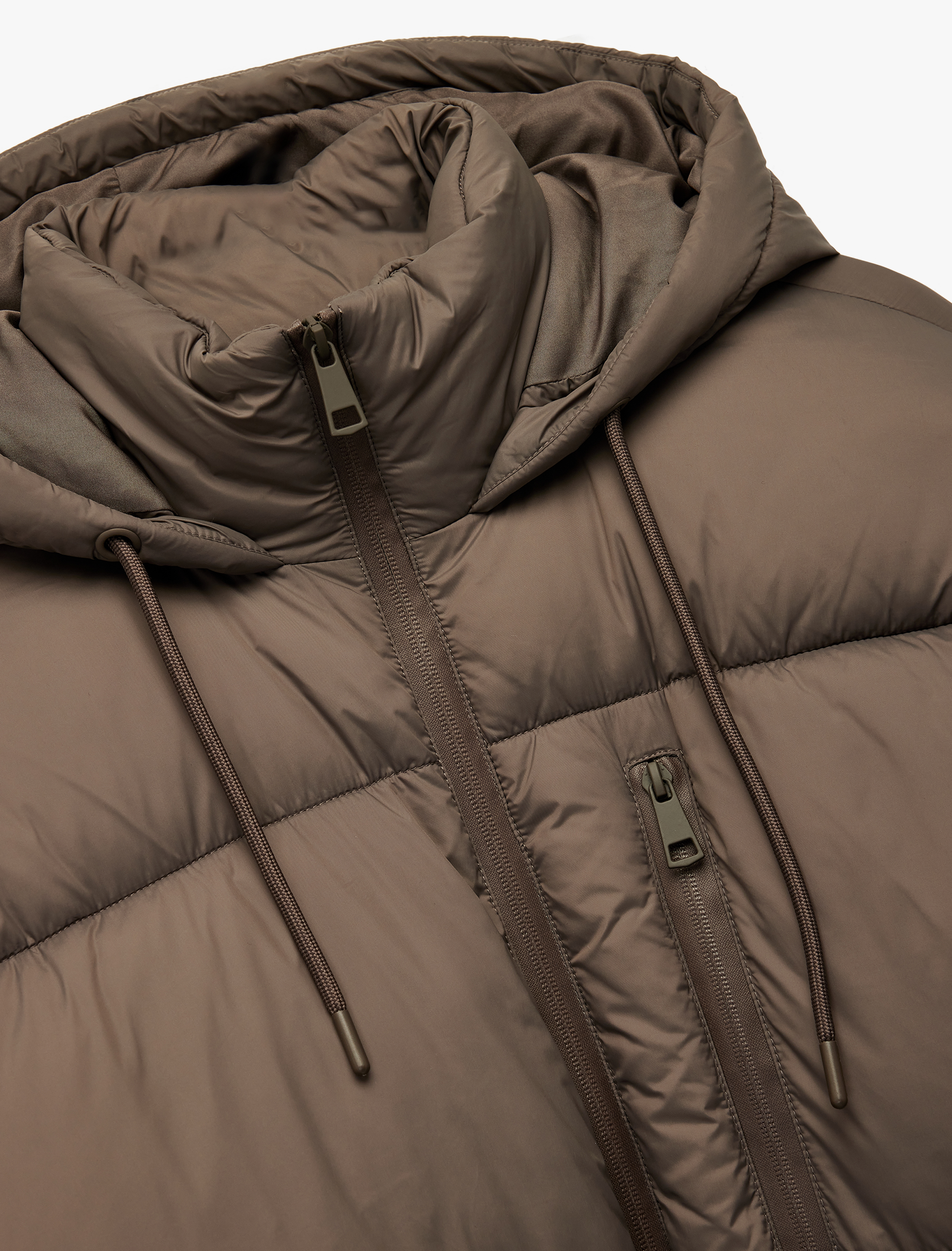   Uzun Kollu Fermuarlı Kapüşonlu Anorak Oversize Şişme Mont