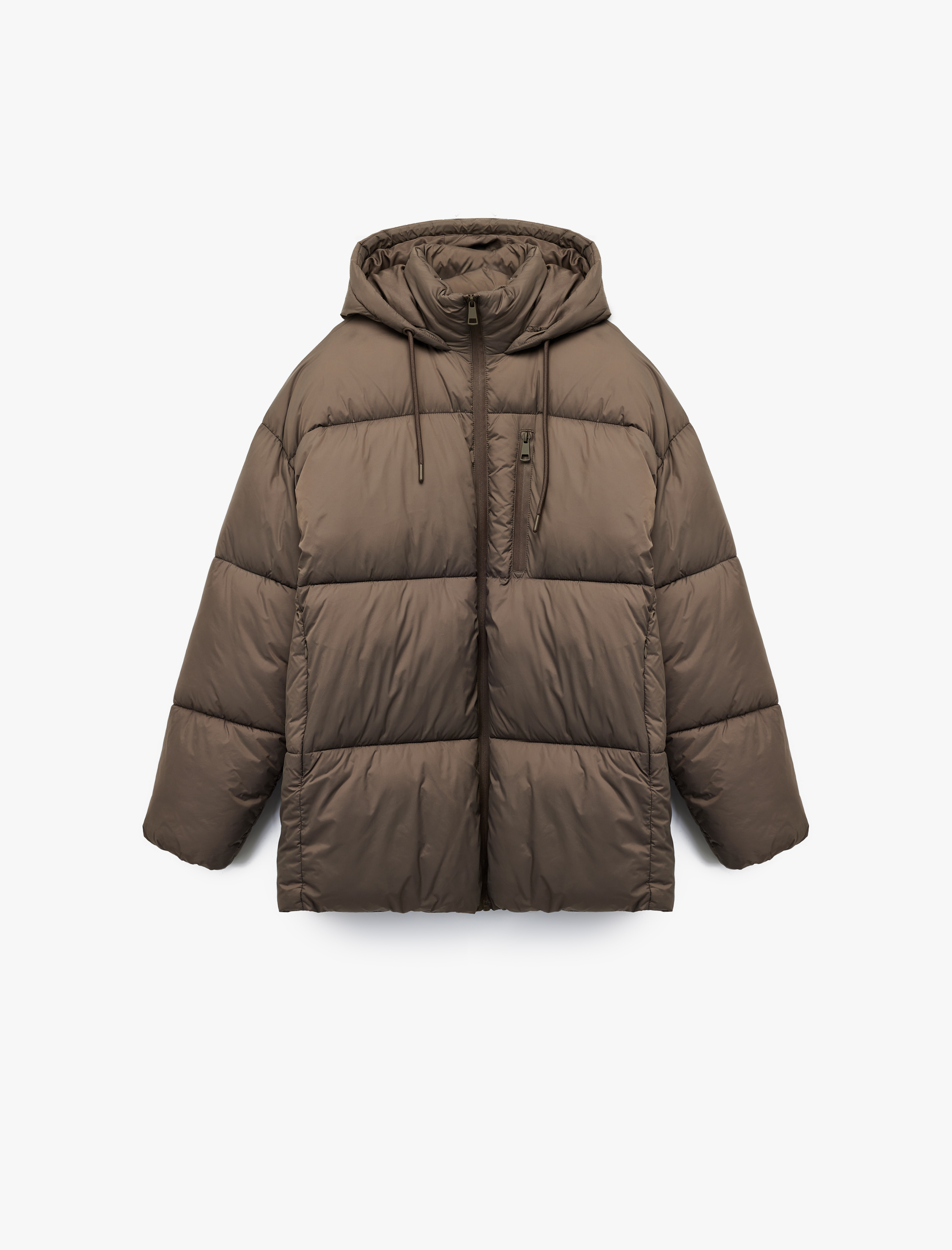   Uzun Kollu Fermuarlı Kapüşonlu Anorak Oversize Şişme Mont