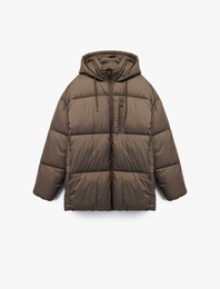 Uzun Kollu Fermuarlı Kapüşonlu Anorak Oversize Şişme Mont