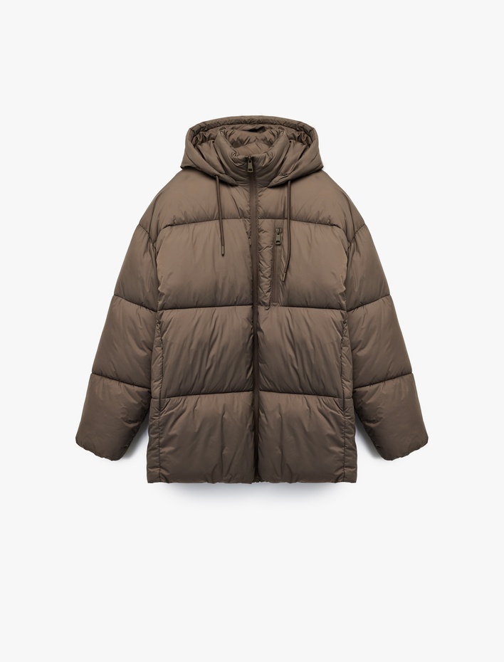  Uzun Kollu Fermuarlı Kapüşonlu Anorak Oversize Şişme Mont