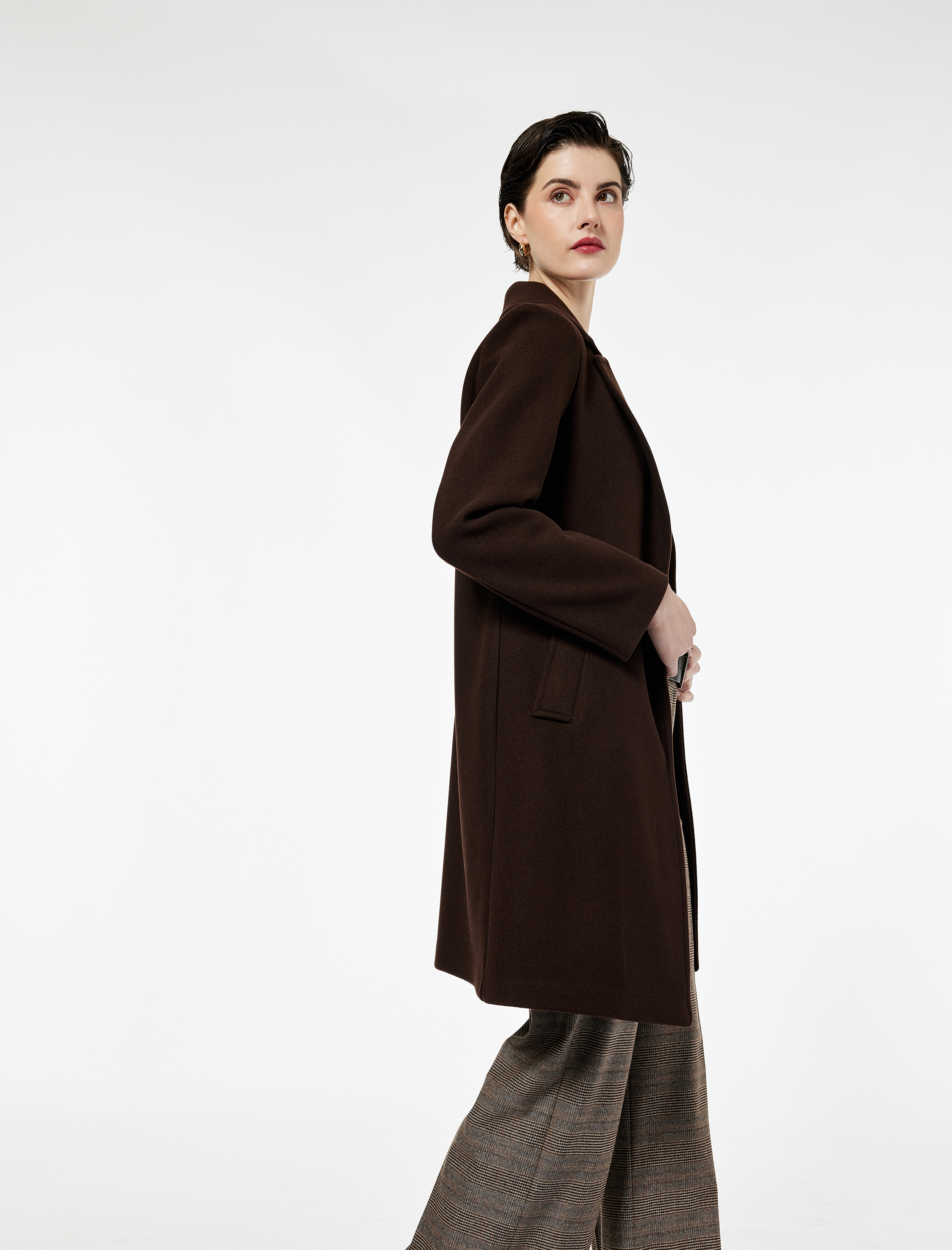   Uzun Kollu Düğmeli Cepli Kruvaze Uzun Kaşe Kaban