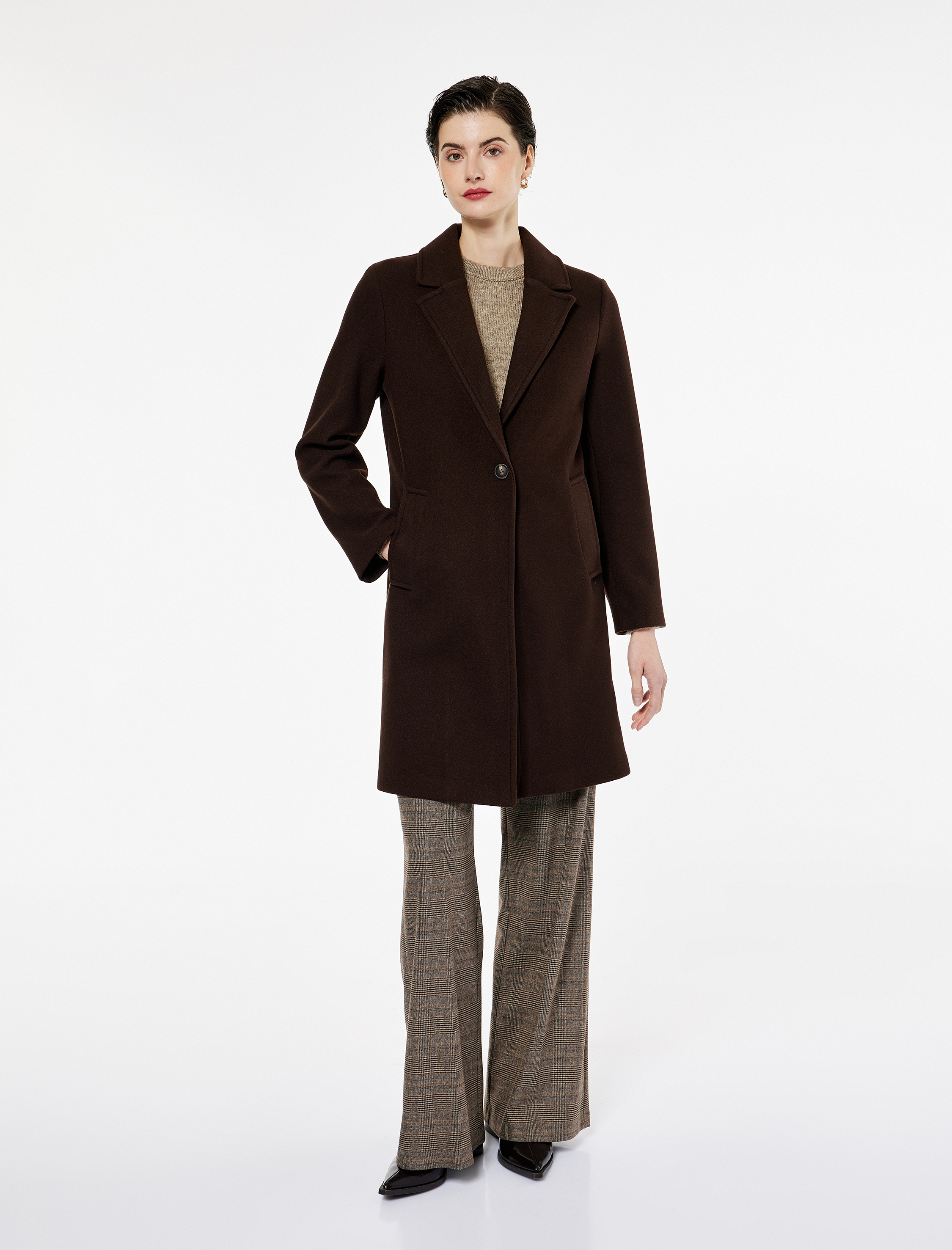   Uzun Kollu Düğmeli Cepli Kruvaze Uzun Kaşe Kaban