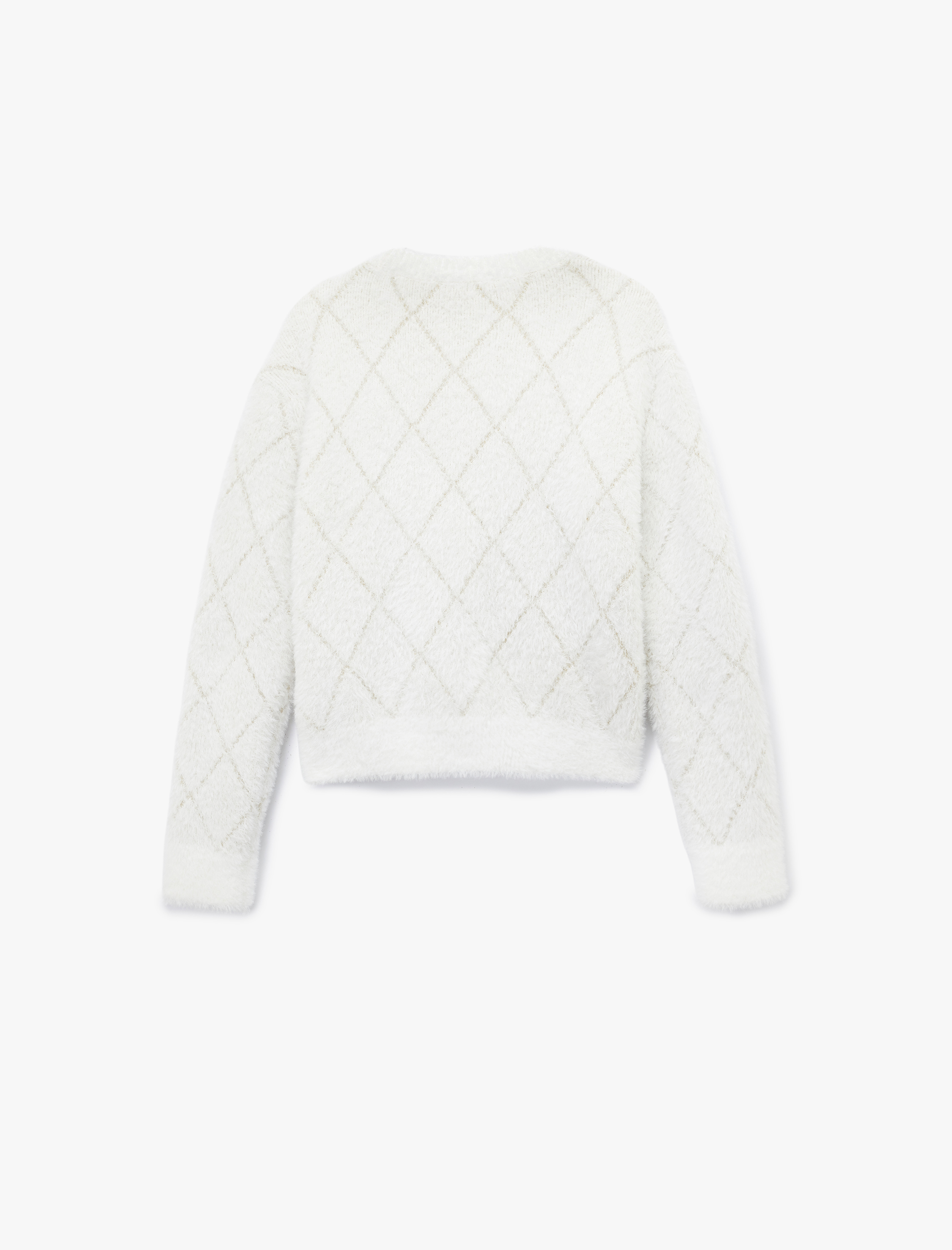 Düğmeli V Yaka Uzun Kollu Parıltılı Baklava Desenli Triko Peluş Hırka