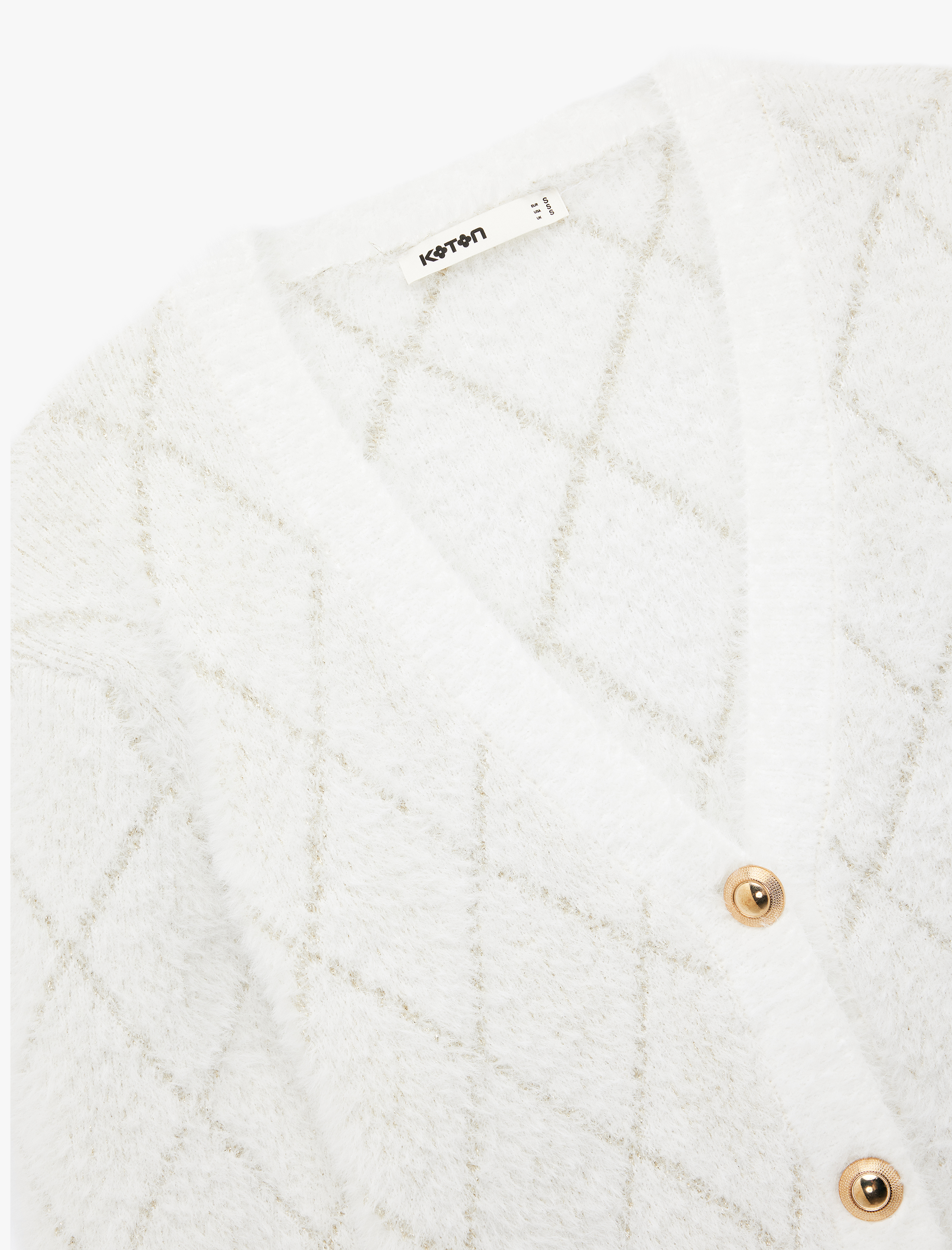 Düğmeli V Yaka Uzun Kollu Parıltılı Baklava Desenli Triko Peluş Hırka