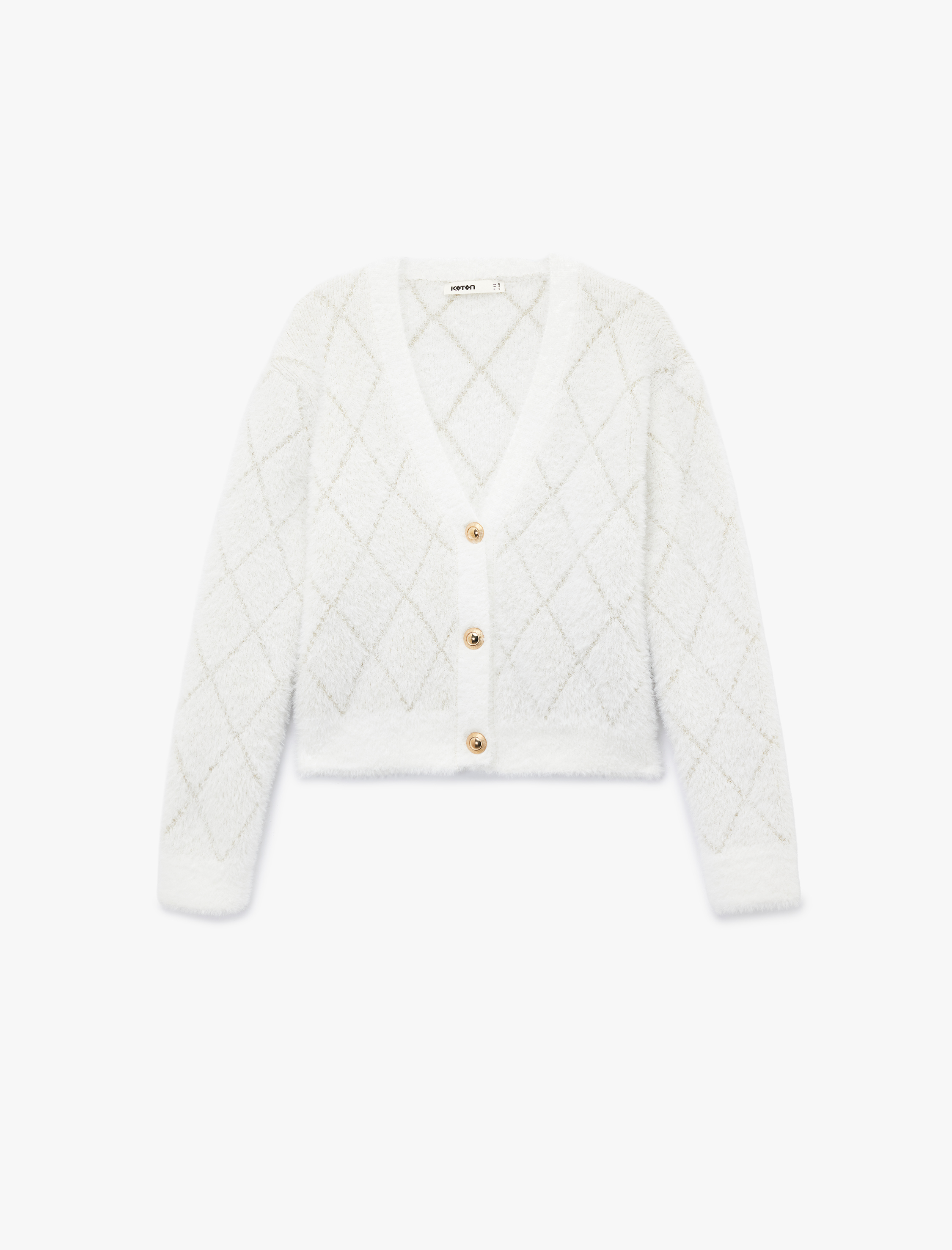 Düğmeli V Yaka Uzun Kollu Parıltılı Baklava Desenli Triko Peluş Hırka