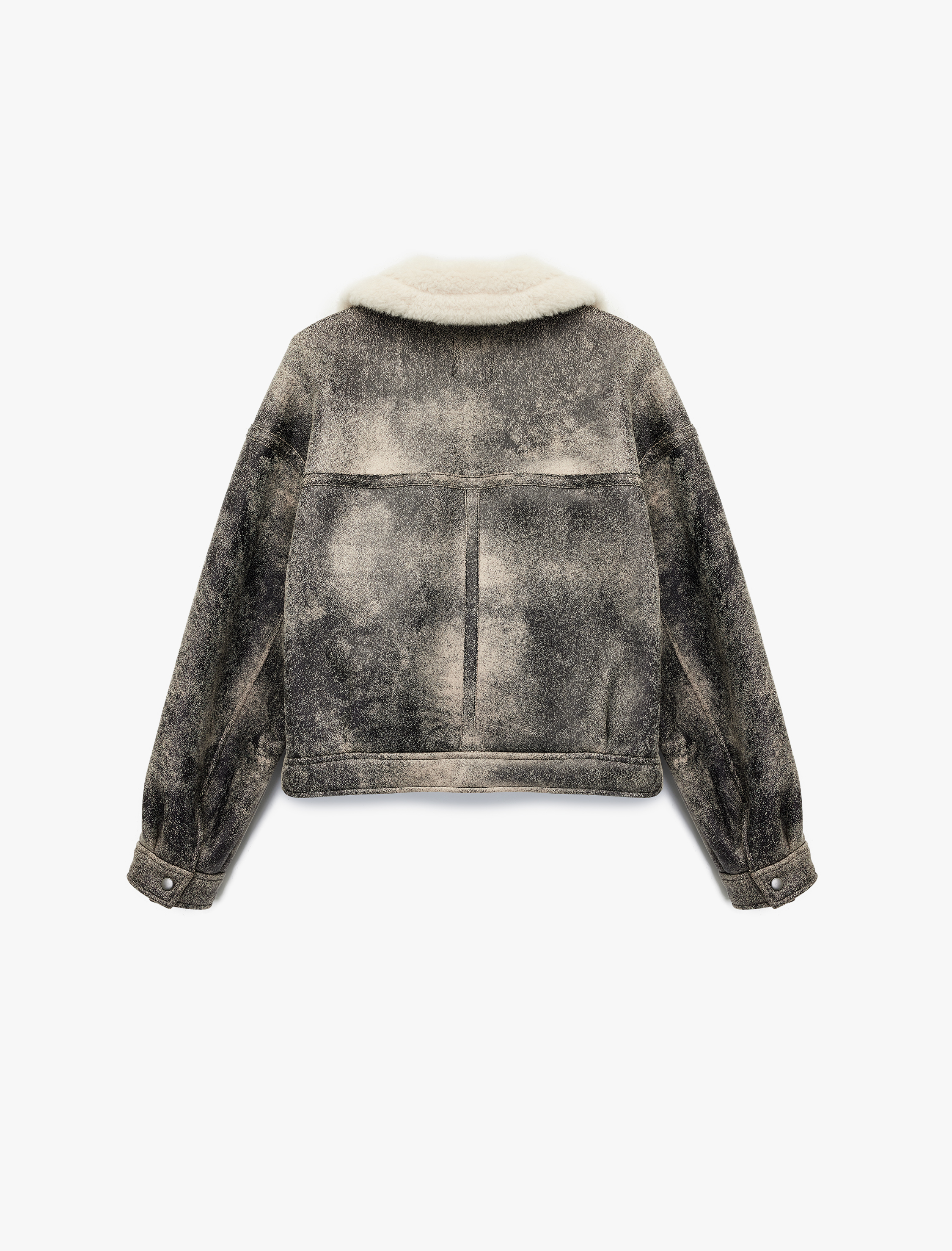   Cepli Fermuarlı Eskitilmiş Süet Görünümlü İçi Suni Kürklü Crop Biker Mont