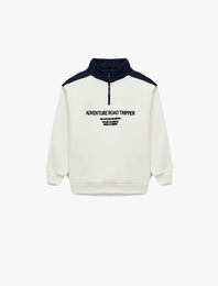 Uzun Kollu Renk Bloklu Baskılı Dik Yaka Yarım Fermuarlı Sweatshirt
