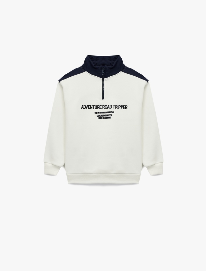 Erkek Çocuk Uzun Kollu Renk Bloklu Baskılı Dik Yaka Yarım Fermuarlı Sweatshirt