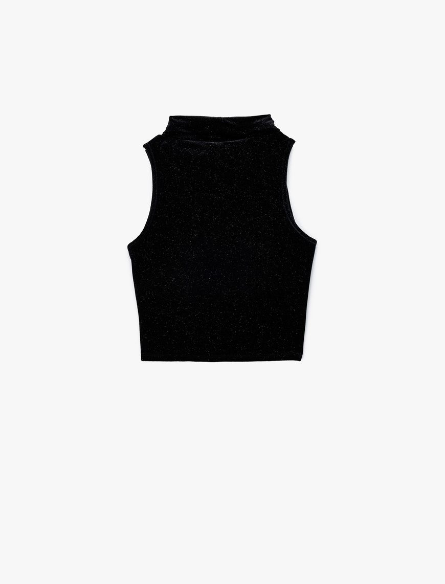   Kolsuz Slim Fit Balıkçı Yaka Simli Crop Kadife Top