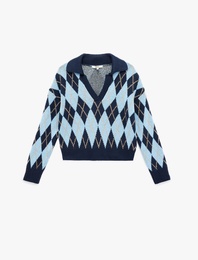 Uzun Kollu Baklava Desenli Polo Yaka Triko Oversize Kazak