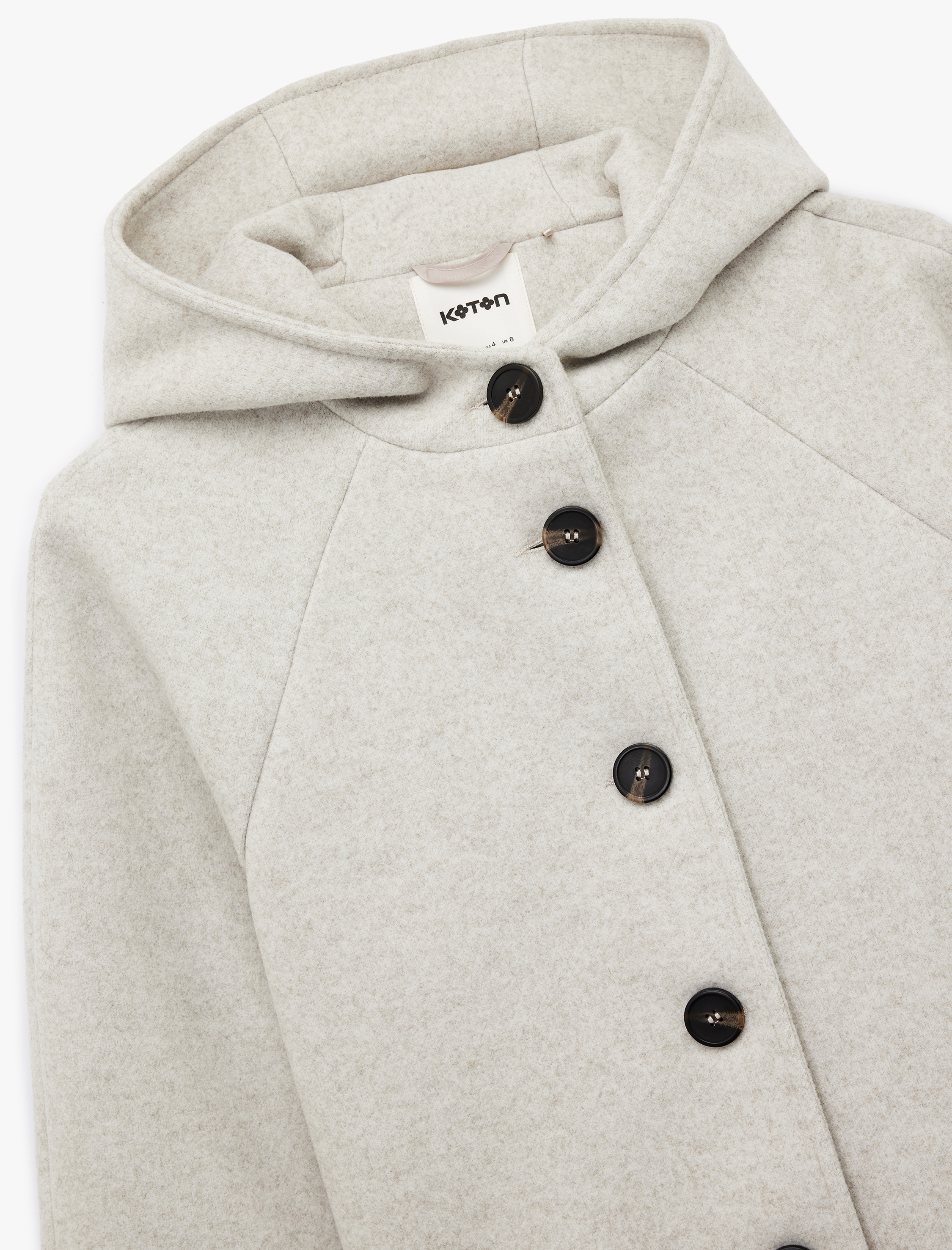   Uzun Kollu Cepli Düğmeli Kapüşonlu Kısa Kaşe Kaban