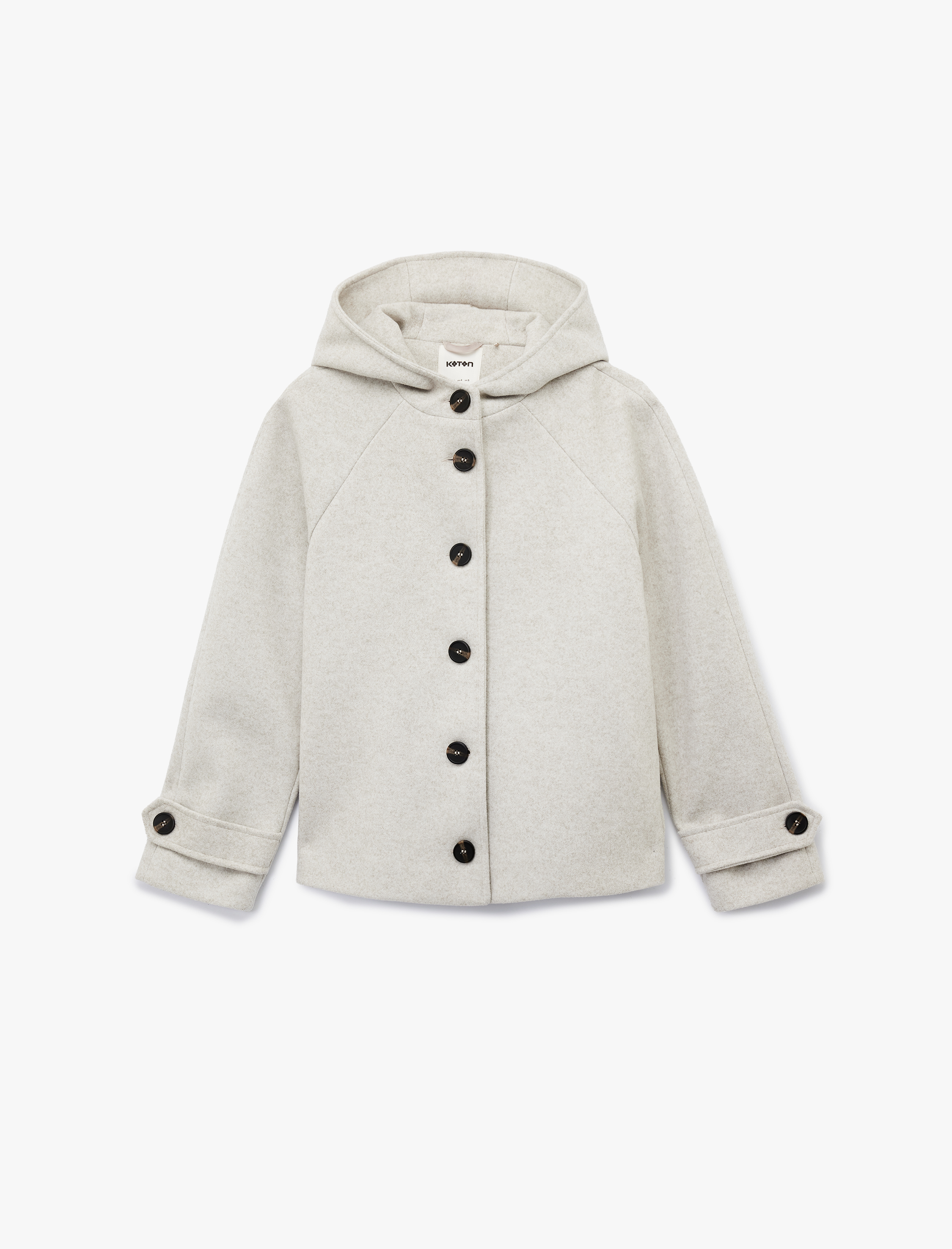   Uzun Kollu Cepli Düğmeli Kapüşonlu Kısa Kaşe Kaban