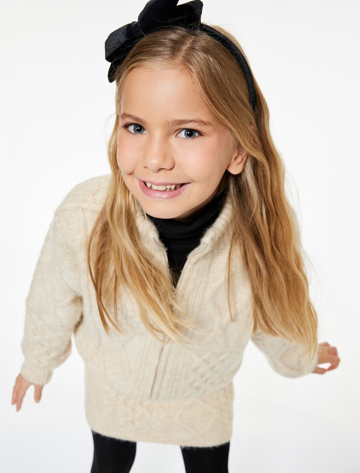 Kız Çocuk Saç Örgü Dokulu Uzun Kollu Fermuarlı Triko Hırka