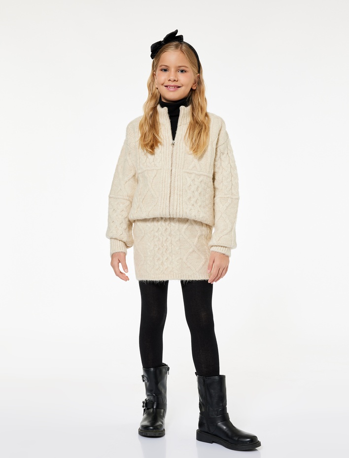 Kız Çocuk Saç Örgü Dokulu Uzun Kollu Fermuarlı Triko Hırka