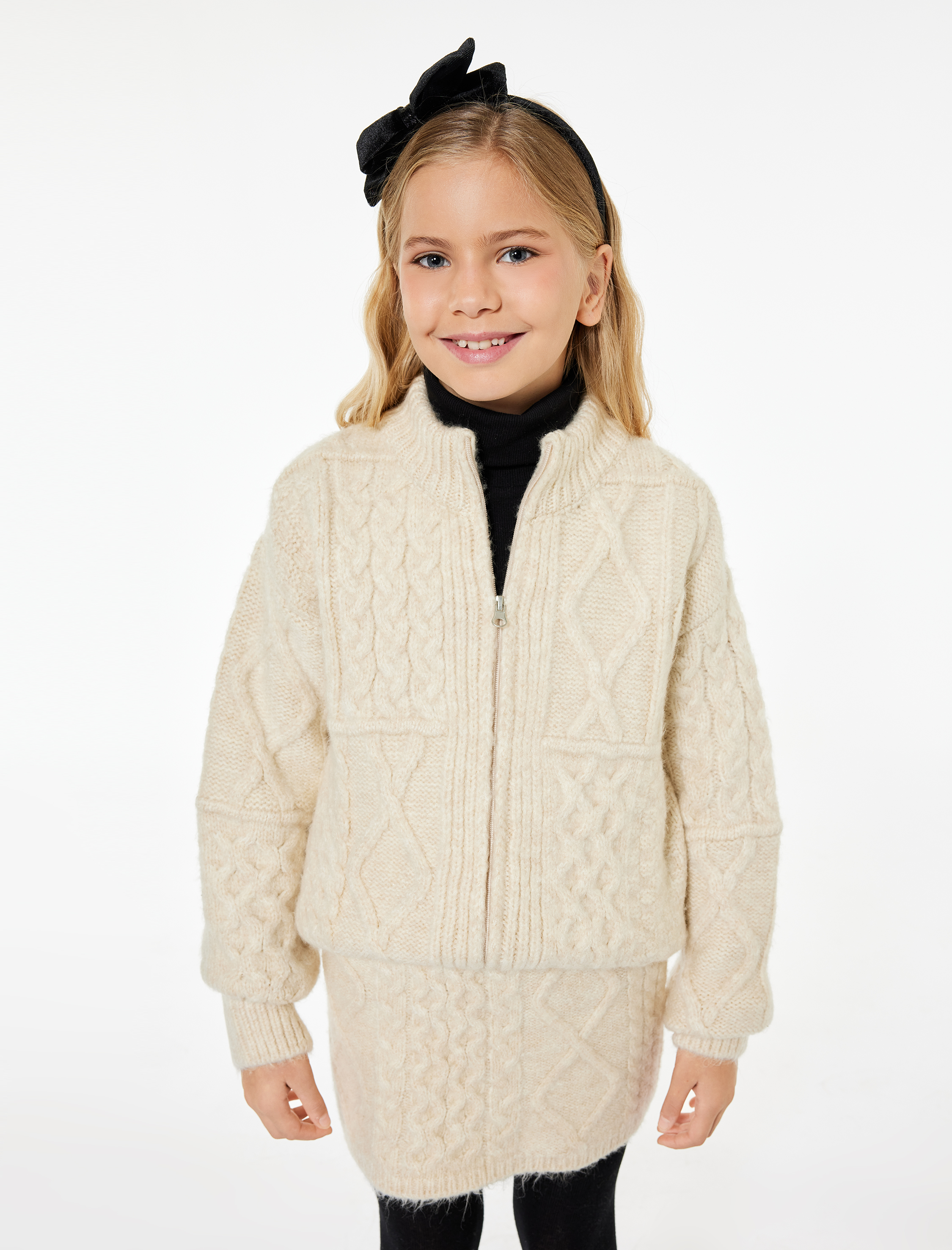  Kız Çocuk Saç Örgü Dokulu Uzun Kollu Fermuarlı Triko Hırka