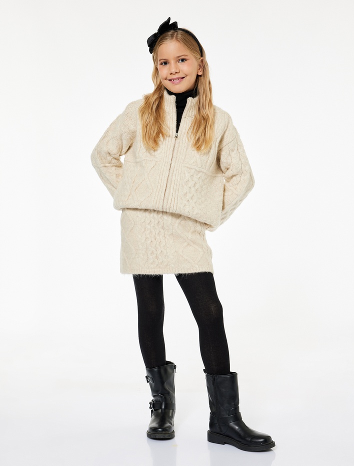 Kız Çocuk Saç Örgü Dokulu Mini Triko Etek