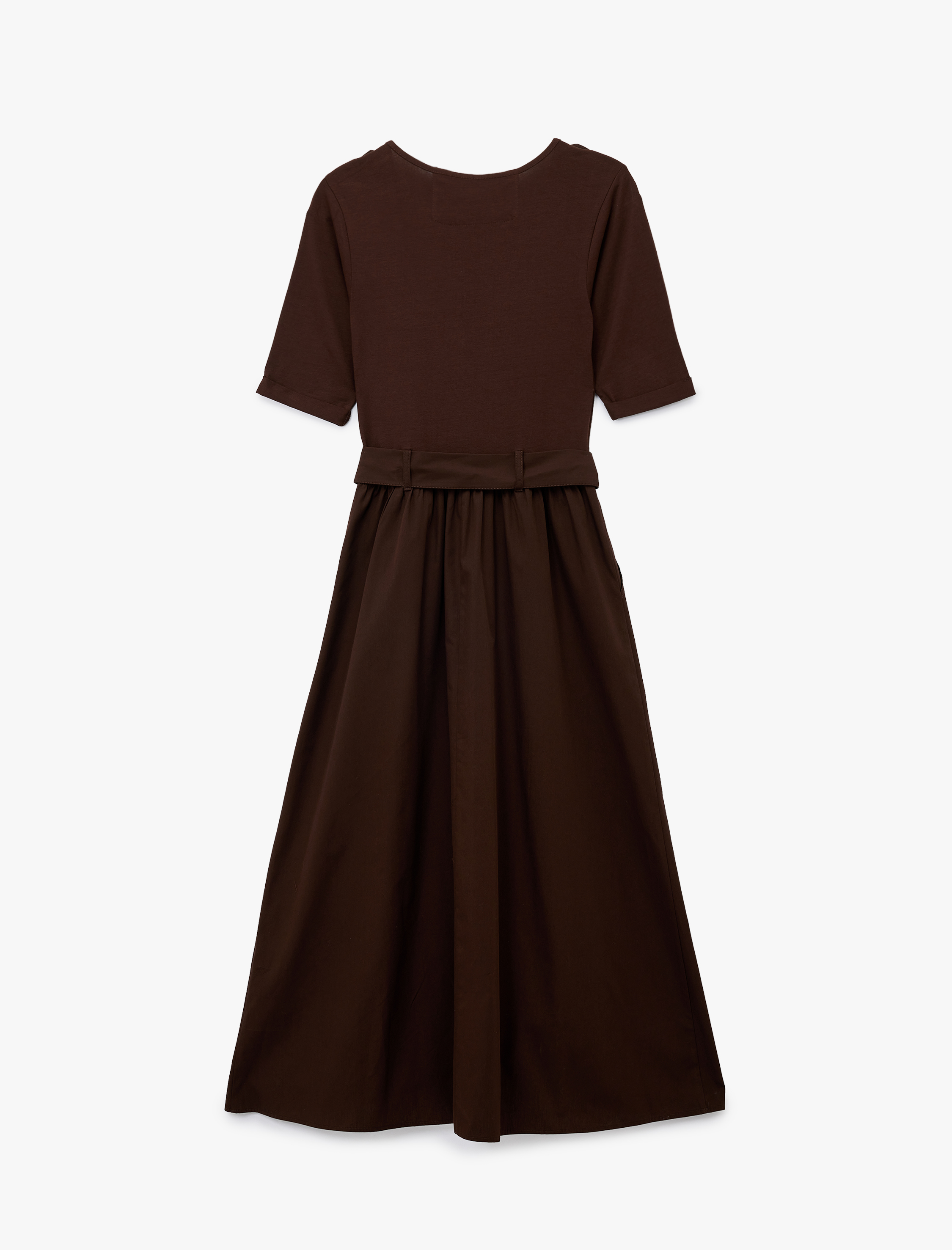   U Yaka Kısa Kollu Kemer Detaylı A Kesim Uzun Elbise