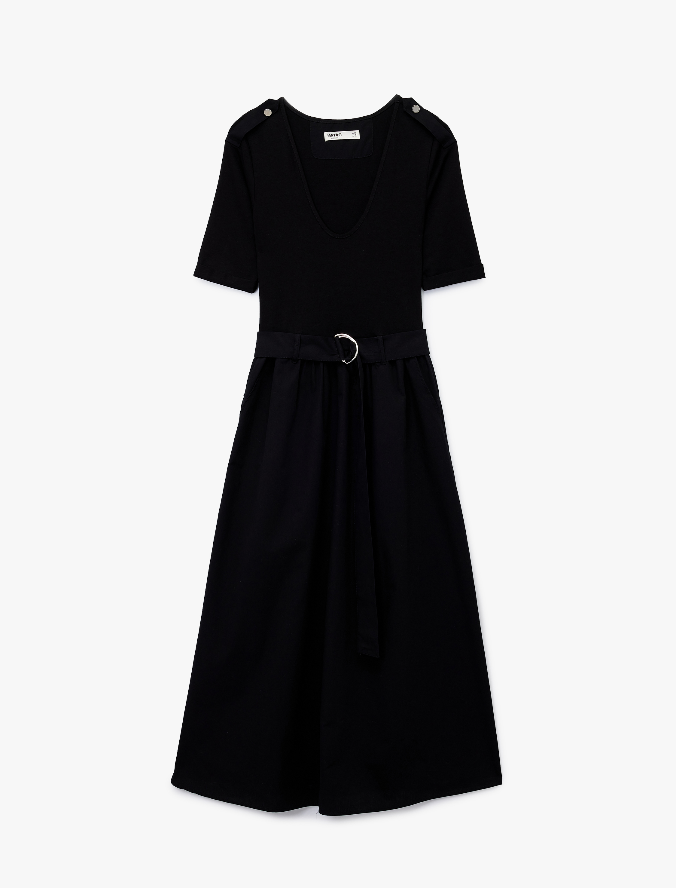   U Yaka Kısa Kollu Kemer Detaylı A Kesim Uzun Elbise