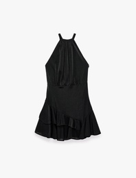 Kolsuz Halter Yaka Katlı Volanlı Mini Abiye Elbise
