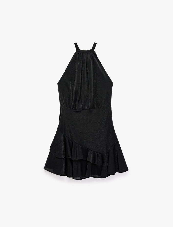  Kolsuz Halter Yaka Katlı Volanlı Mini Abiye Elbise