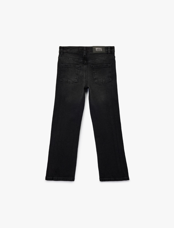 Kız Çocuk Pamuklu İnci Detaylı Yıpratmalı Straight Fit Denim Pantolon