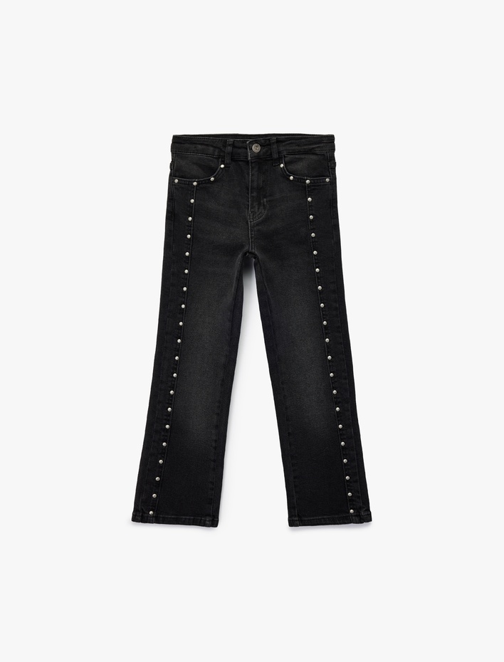 Kız Çocuk Pamuklu İnci Detaylı Yıpratmalı Straight Fit Denim Pantolon