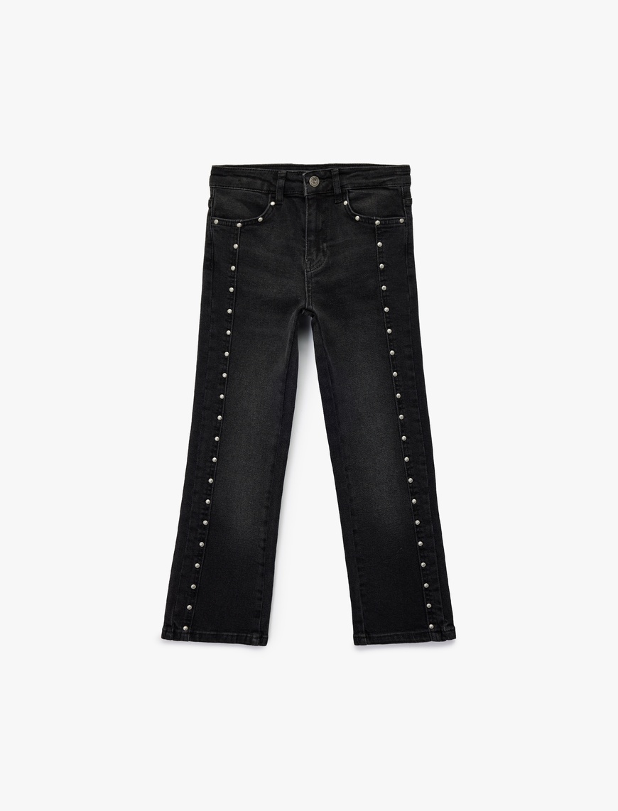  Kız Çocuk Pamuklu İnci Detaylı Yıpratmalı Straight Fit Denim Pantolon