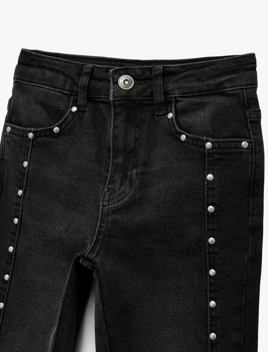  Kız Çocuk Pamuklu İnci Detaylı Yıpratmalı Straight Fit Denim Pantolon
