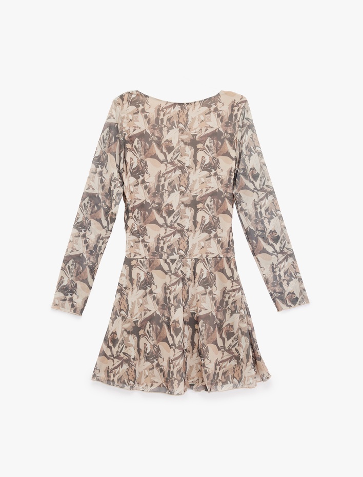  V Yaka Uzun Kollu Büzgülü A Kesim Çiçekli Mini Elbise