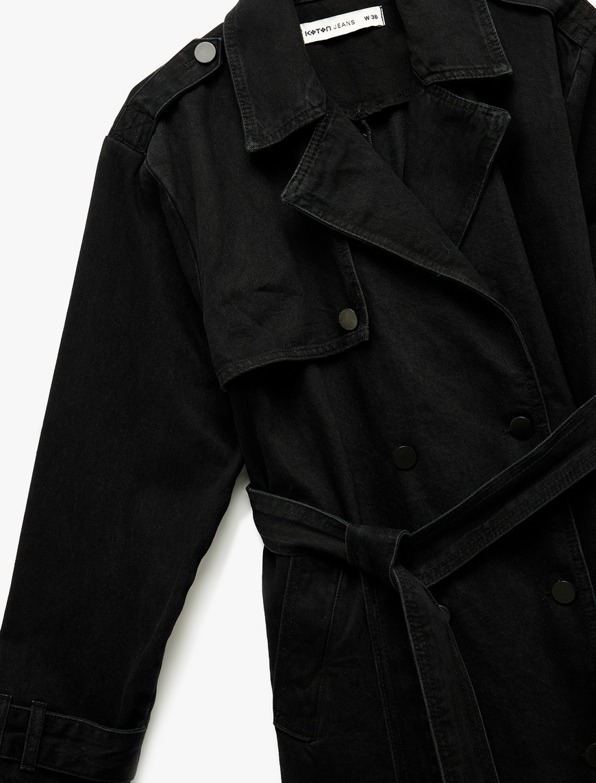   Uzun Kollu Kruvaze Yaka Kemer Detaylı Uzun Denim Trençkot